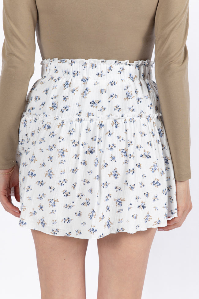 Elegant Ivory and Blue Floral Print Gauze Skort for Women - Summer Garden Party Outfit, Beach Cover-Up & Casual Wear