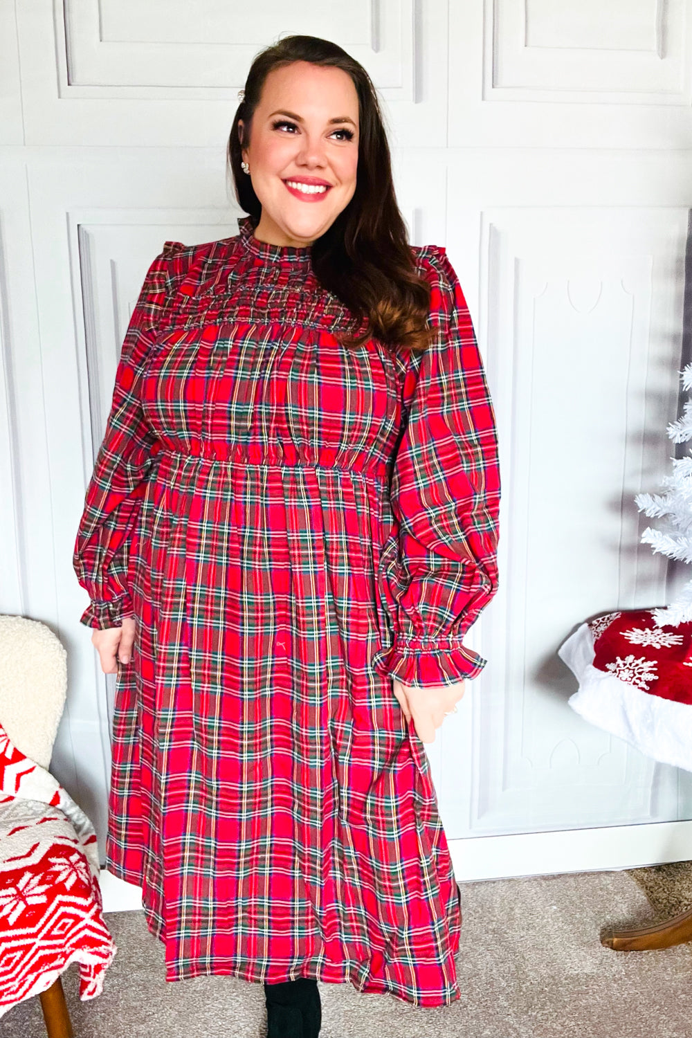 Hunter Red Plaid Check Woven Pocketed Dress for Women | Casual & Party Wear | Perfect for Fall, Winter & Holiday Outfits