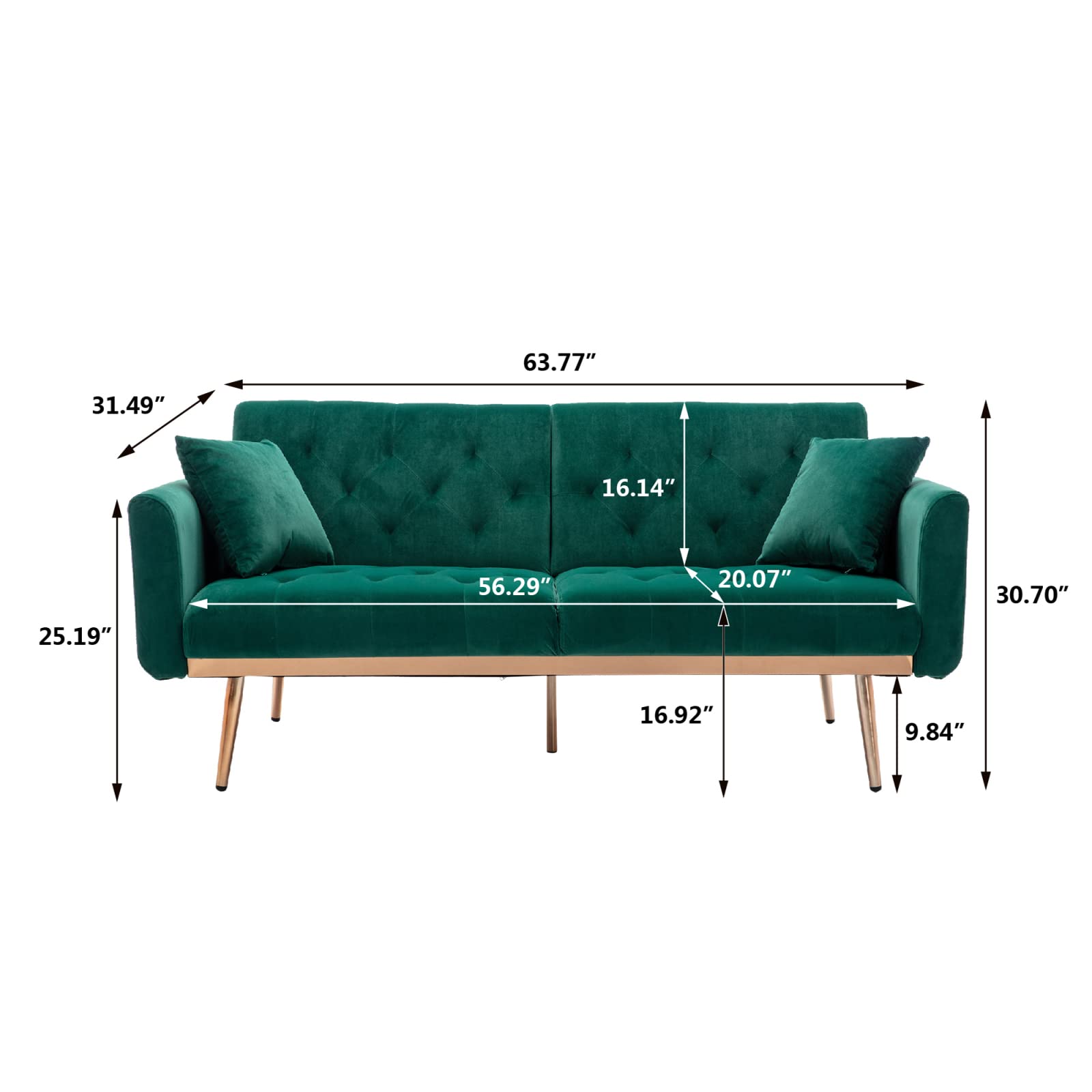 Velvet Futon Sofa Bed - Convertible Sleeper Sofa with 5 Golden Metal Legs & 2 Pillows - Modern Accent Loveseat Recliner for Living Room, Bedroom, Guest Room - Perfect for Small Spaces & Studio Apartments (Green)