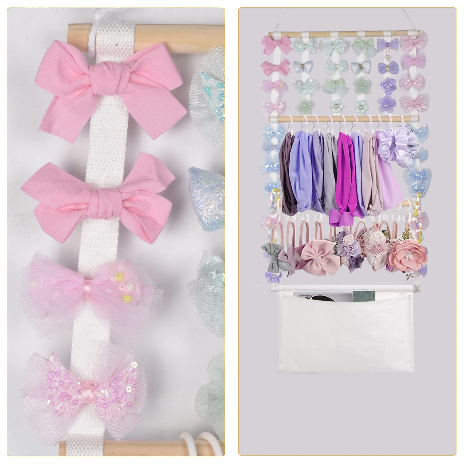 Nerien Macrame Wood Headband Holder - Hair Bow Organizer for Girls, Baby & Toddler - Wall Hanging Storage for Hair Ribbons, Ties & Clips - Includes 20 Hooks - Perfect for Bedroom, Bathroom & Shower Room Organization