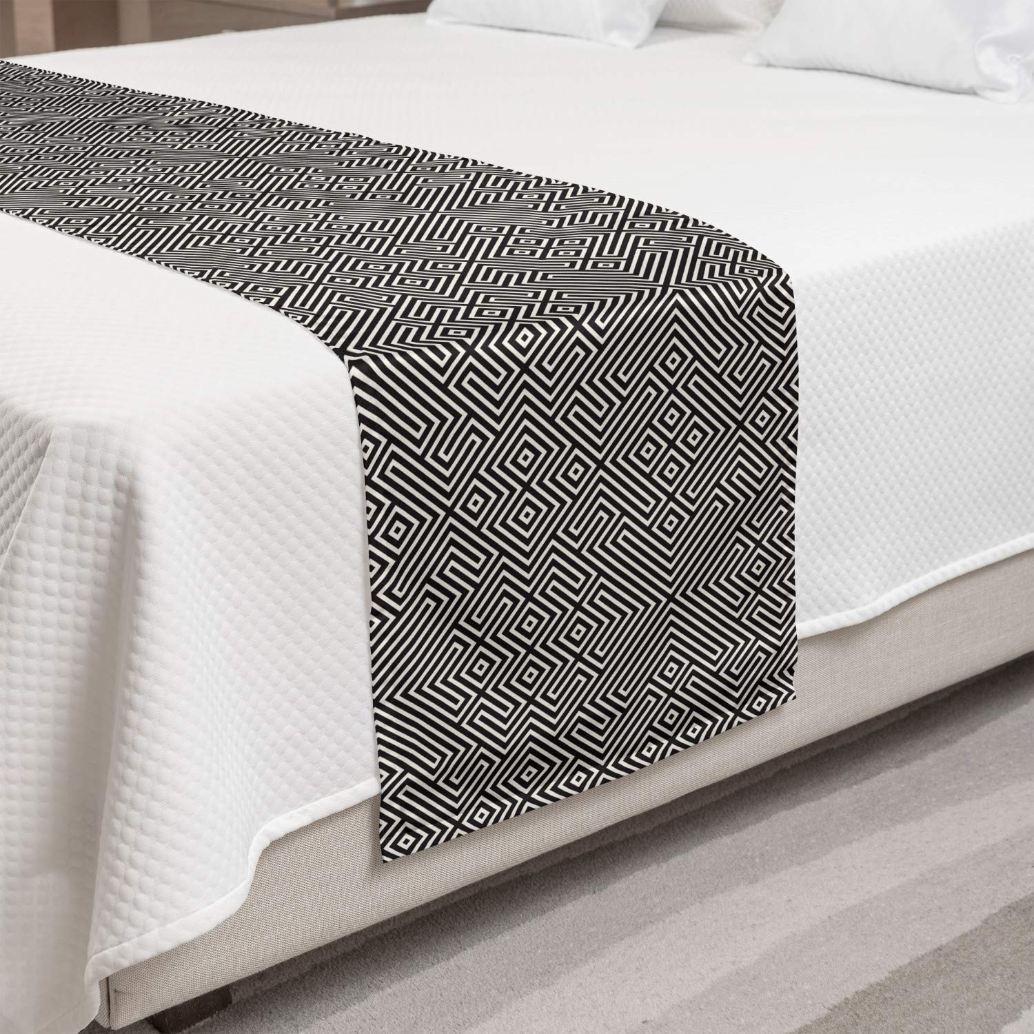 Ambesonne Abstract Geometric Bed Runner - Symmetric Stripes Maze Design Decorative Bedding Scarf for Hotels, Homes & Guest Rooms - Dark Grey & Eggshell - Perfect for Modern Bedroom Decor & Luxury Hotel Styling