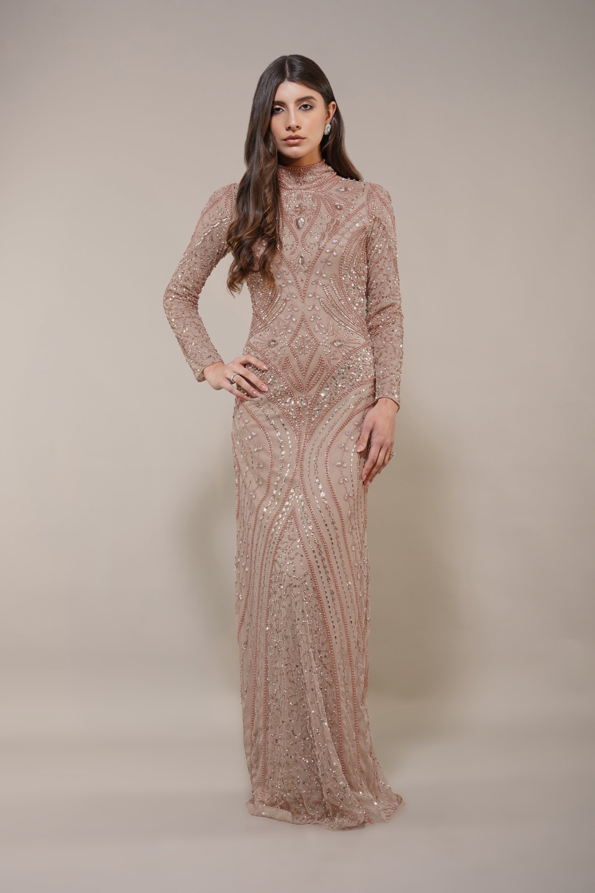 Elegant Lotus Embellished Maxi Dress in Taupe - Perfect for Weddings, Parties & Summer Vacations