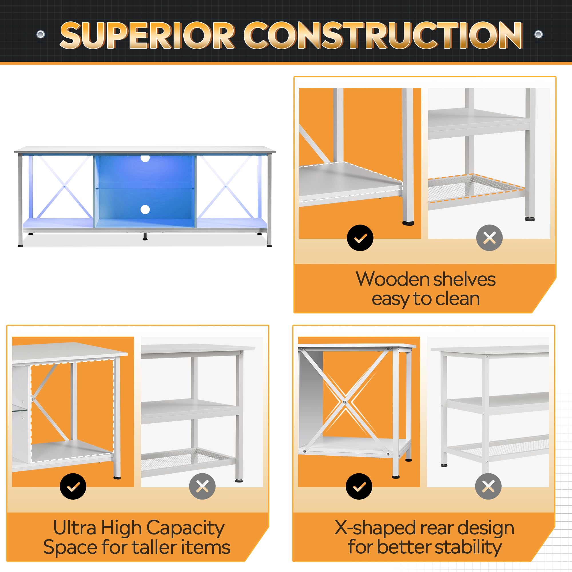**WLIVE 65 Inch TV Stand with LED Lights, Industrial TV Console with Glass Shelves for Living Room & Bedroom - Modern Entertainment Center for 55-65 Inch TVs (White) - Perfect for Home Theater & Stylish Decor**