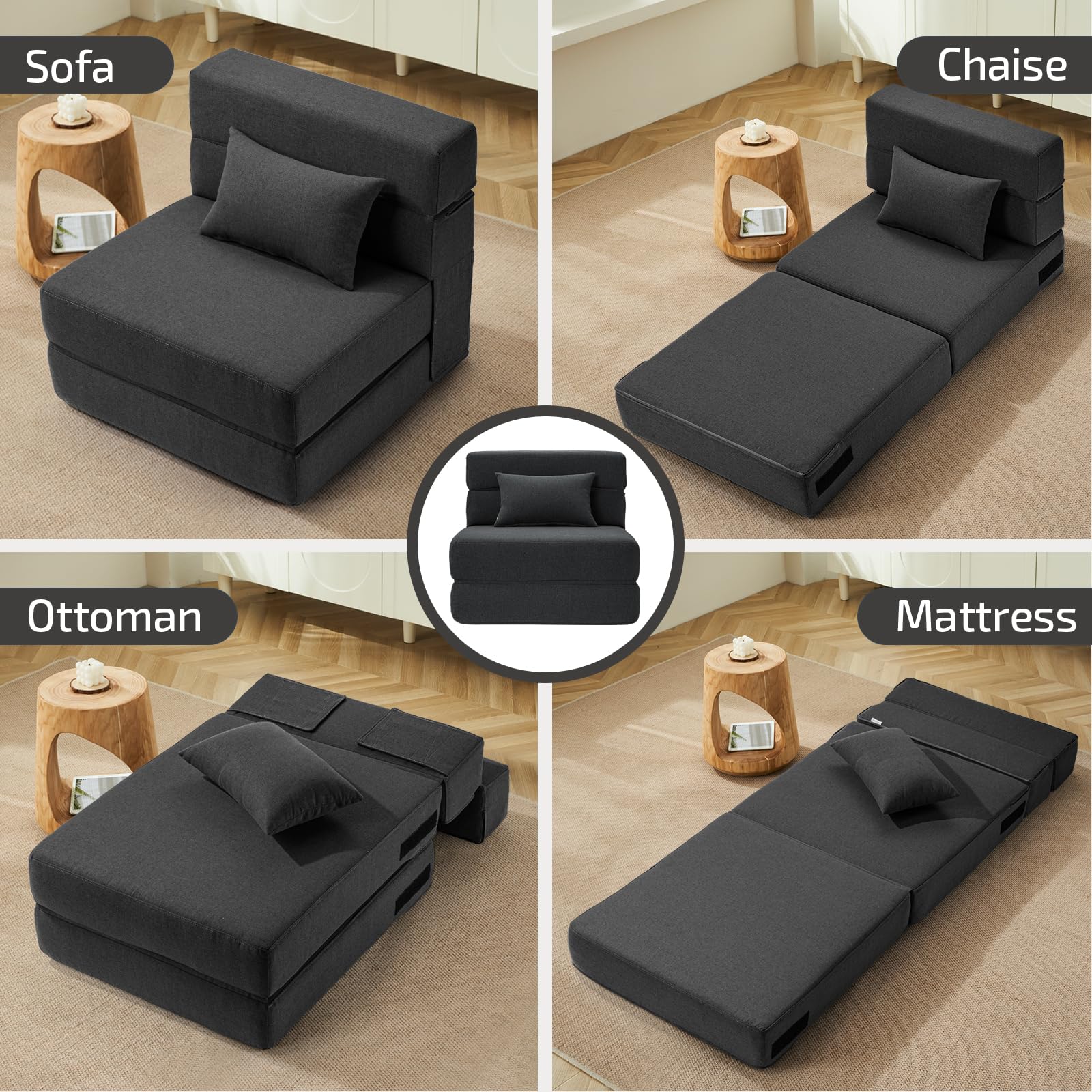 Convertible Folding Sofa Bed with Memory Foam & Pillow - Multi-Functional Sleeper Chair for Living Room, Dorm, Guest Room - Dark Gray Fabric Couch - Perfect for Small Spaces, Home Office & Apartment Living