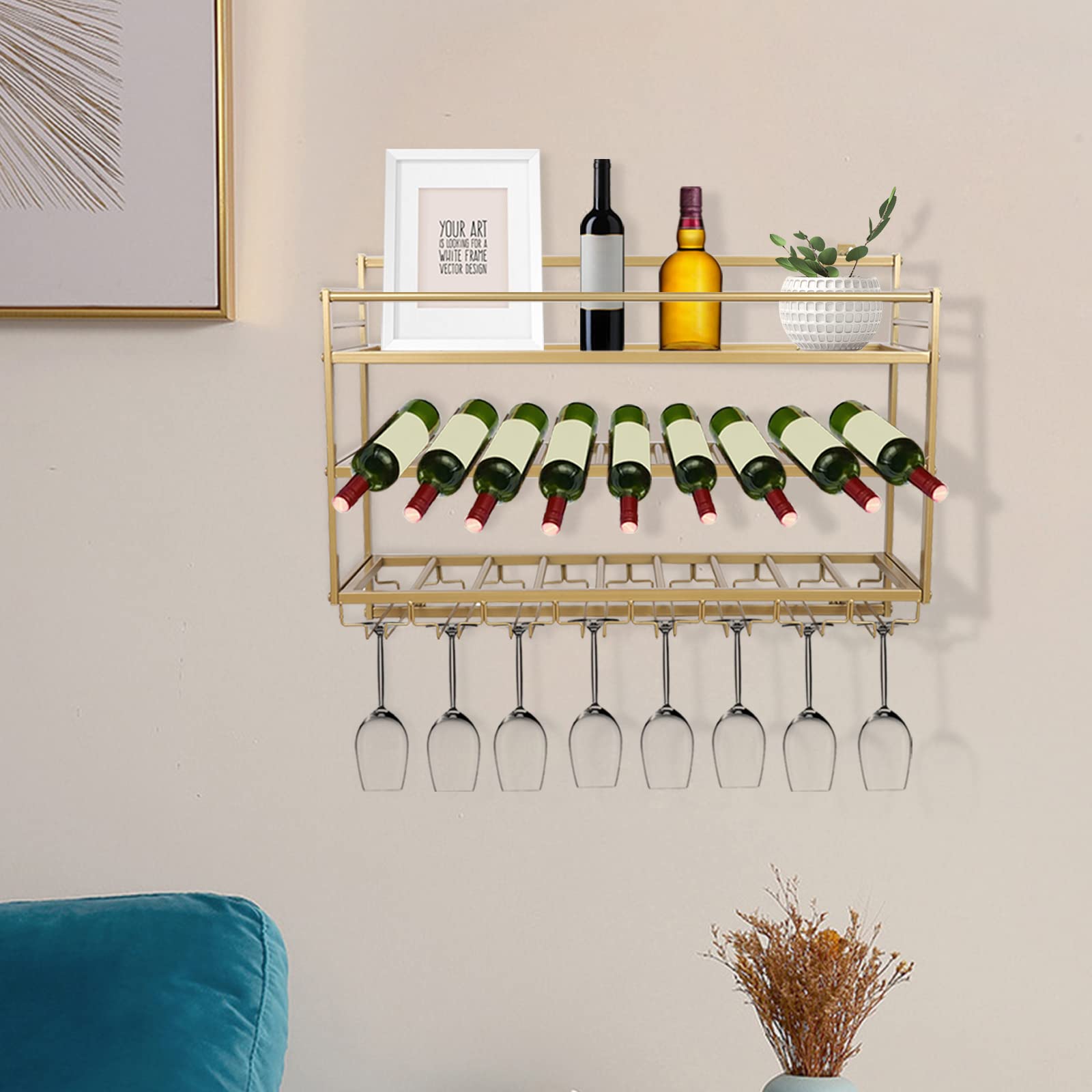 3-Tier Wall Mount Wine Rack with Hook - Hanging Metal Wine Glass Holder & Floating Shelf for Wine Bottle Storage - Gold Finish - Perfect for Bar, Kitchen, Restaurant, Cafe & Home Decor