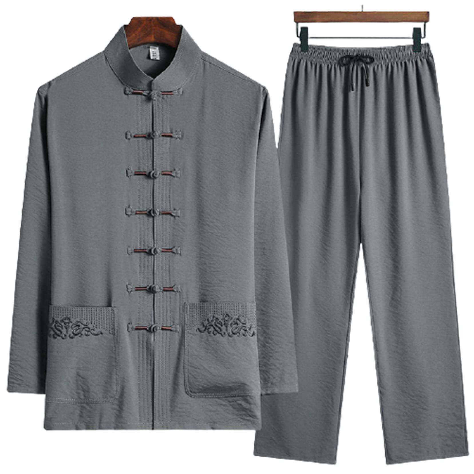 RTYS Men's Traditional Chinese Tang Suit Hanfu Kung Fu Uniform - Long Sleeve Jacket & Pants Set in Dark Gray (3XL) | Perfect for Martial Arts, Cultural Events & Costume Parties