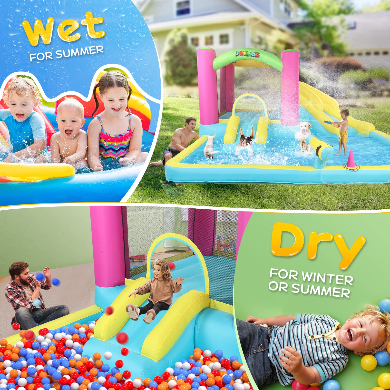 JOYMOR Inflatable Bounce House with Double Water Slide for Kids Ages 3-10 | Outdoor Water Play with Splash Pool, Water Cannons & Ring Toss Games | Indoor/Outdoor Bouncy Castle with Air Blower | Perfect for Backyard Parties, Summer Fun & Birthday Celebrations