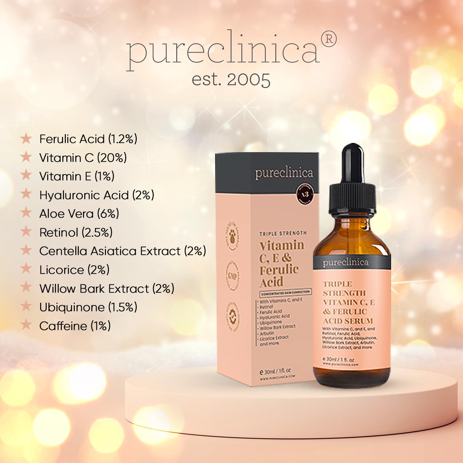 Triple Strength Vitamin C, E & Ferulic Acid Serum with Retinol & Hyaluronic Acid – 30ml / 1 fl oz (6-Pack) – Brightening, Anti-Aging & Hydrating Face Serum for Glowing Skin – Perfect for Daily Skincare Routine & Nighttime Use