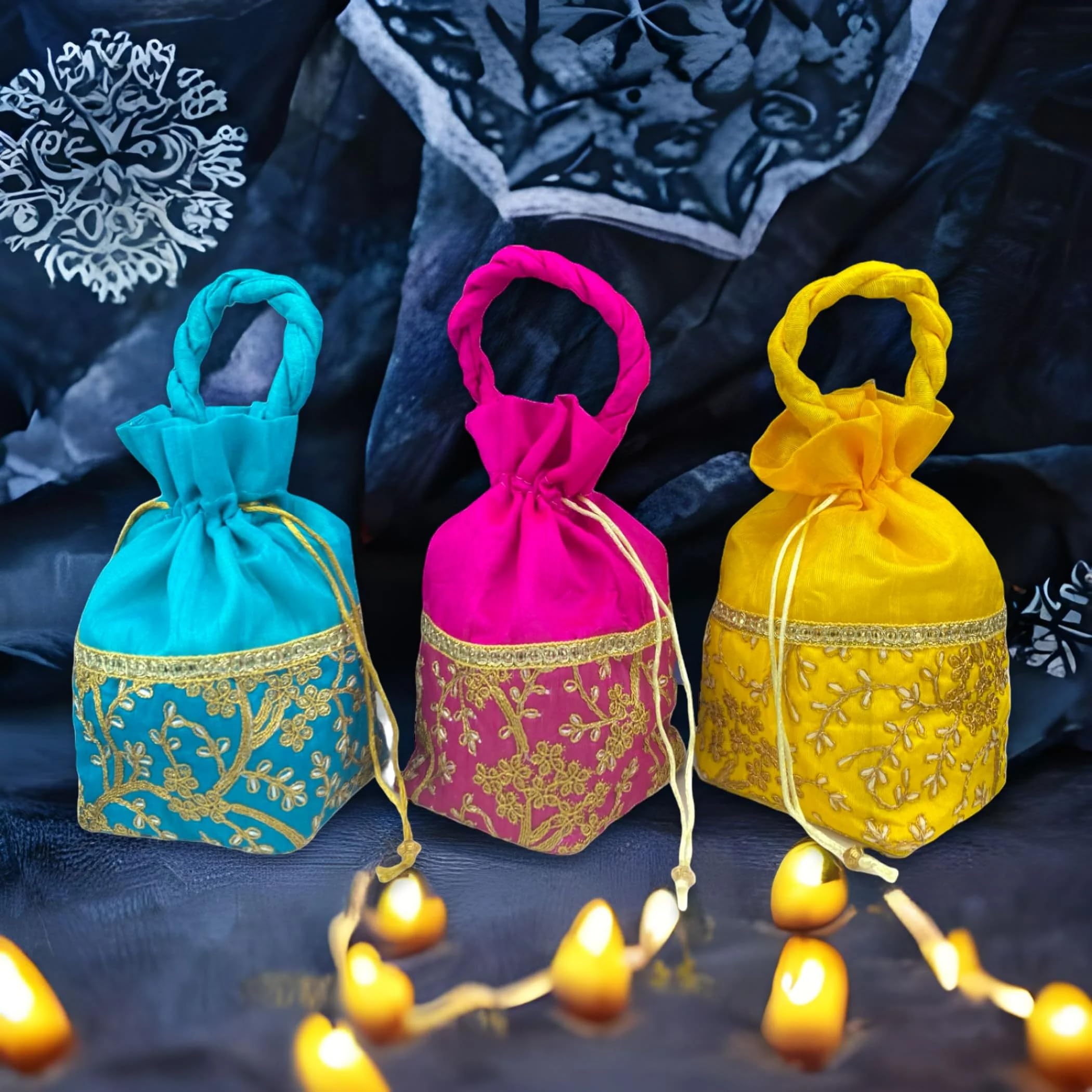 LOVENSPIRE Designer Zari Potli Bags for Women - Indian Ethnic Handcrafted Purse (Pack of 3) for Eid Gifts & Pooja Favors