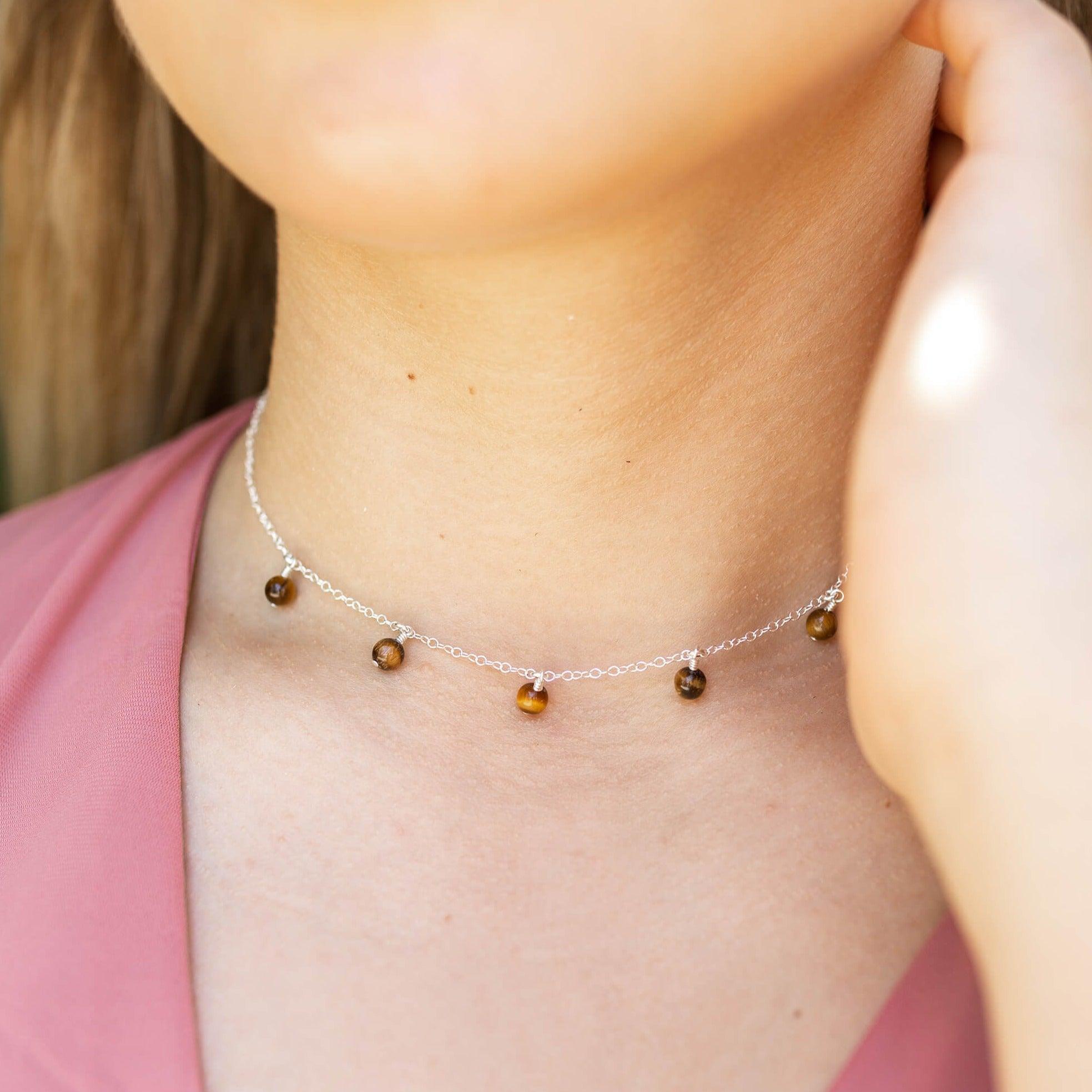 Natural Tiger's Eye Bead Drop Choker Necklace for Women - Boho Chic Jewelry for Layering, Gift Giving & Everyday Wear