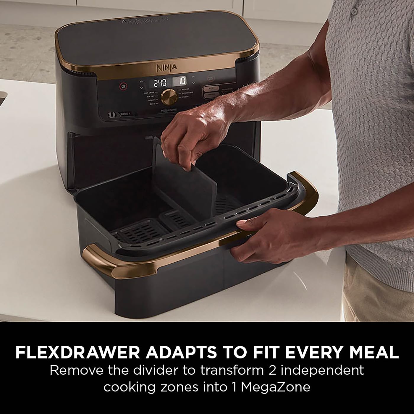 Ninja Foodi FlexDrawer Air Fryer - Dual Zone 10.4L Large Capacity with Removable Divider | 7-in-1 Multi Cooker for Air Frying, Roasting, Baking & Crisping | Non-Stick Dishwasher Safe Parts (Black/Copper) | Perfect for Family Dinners, Meal Prep & Healthy Cooking