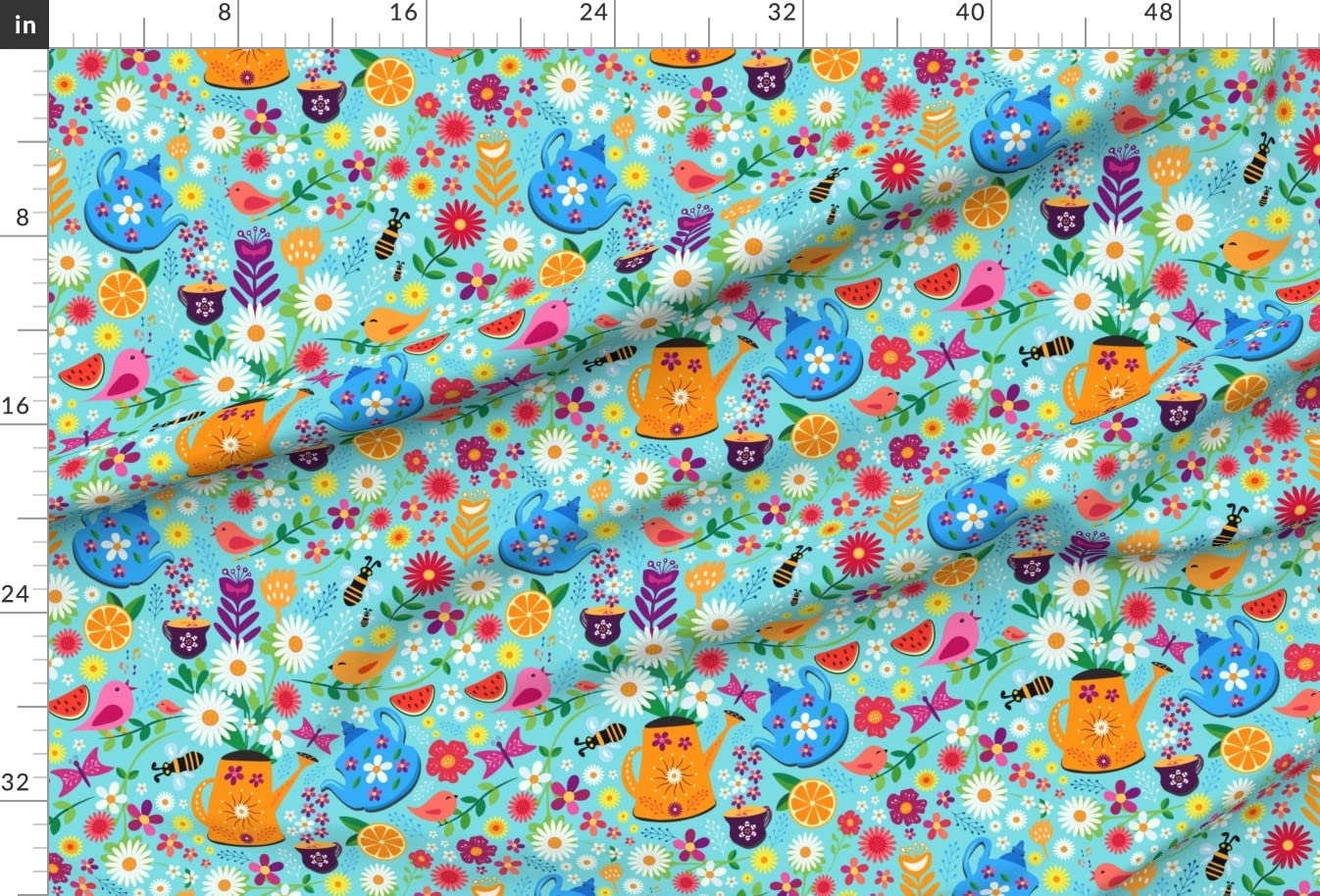 Spring Garden Tea Party Floral Birds Scandi Picnic Printed Chiffon Fabric Fat Quarter - Premium Spoonflower Fabric for Sewing Dresses, Fashion Apparel & Home Decor - Perfect for DIY Projects, Quilting, and Tablecloth Designs