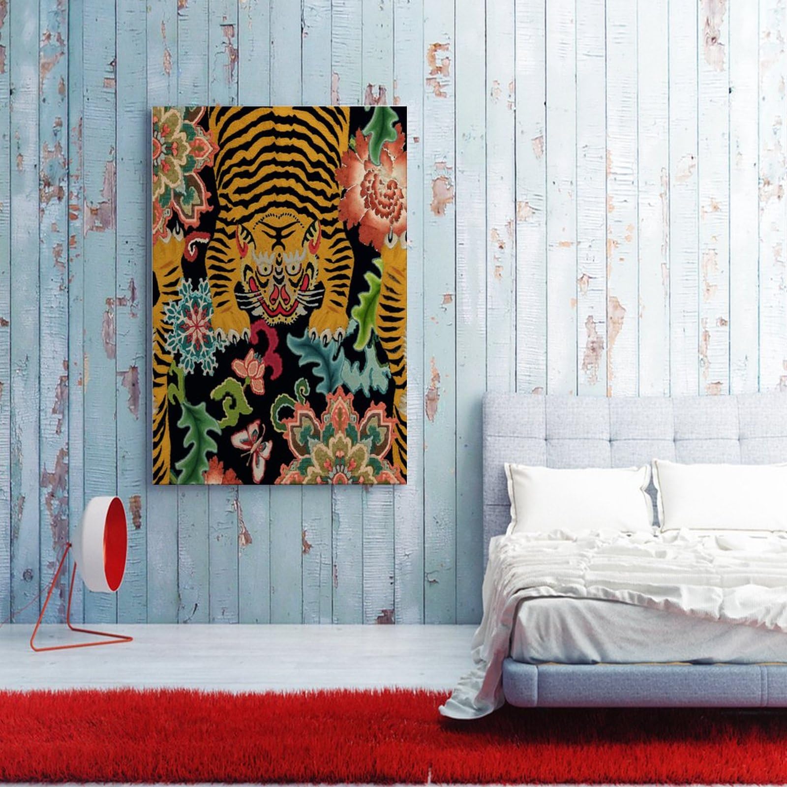 Vibrant Tiger & Chinoiserie Floral Canvas Wall Art - Asian Style Framed Print Decor for Living Room, Bedroom, Office - Ready to Hang 8x12 Inch - Perfect for Home Decor, Housewarming Gifts & Interior Design