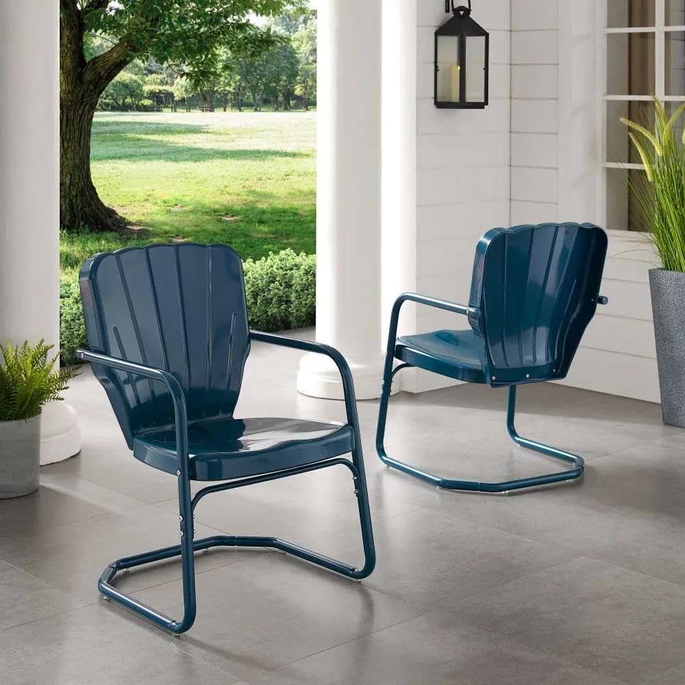 Crosley Furniture Ridgeland 2-Piece Outdoor Chair Set - Retro Metal Patio Dining Chairs for Porch, Deck, Garden & Backyard - Navy Blue