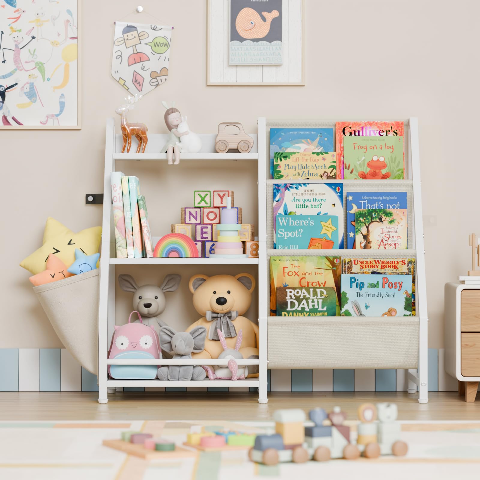 LATIBELL 3-Tier Kids Bookshelf & Toy Storage Organizer - Montessori Book Sling Shelf for Toddlers & Children - Sturdy White Bookcase for Playroom, Bedroom & Nursery - Perfect for Organizing Books, Toys & Learning Materials