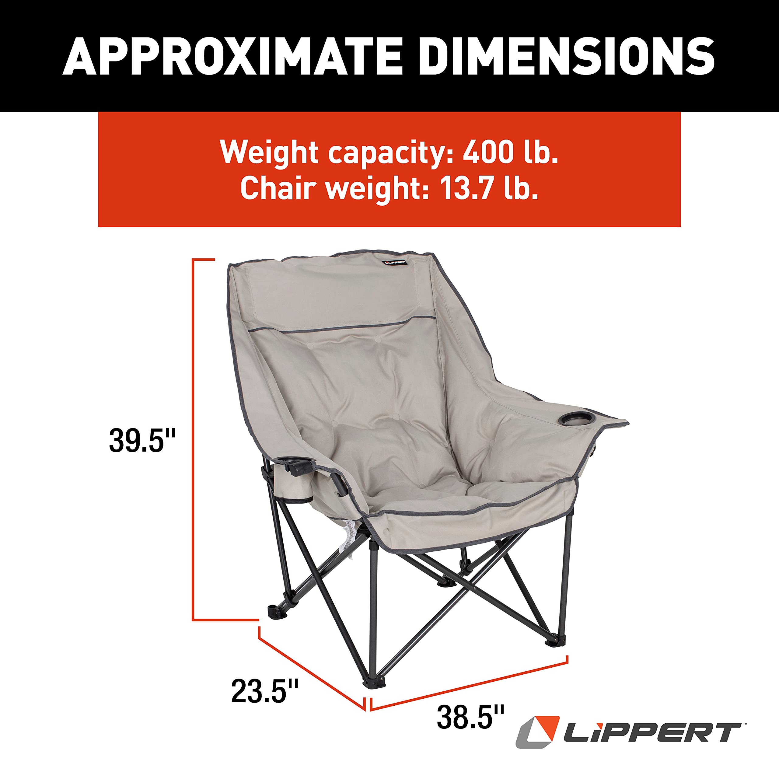 Lippert Big Bear Heavy Duty Camping Chair - 400 lb Capacity, Durable Mesh Fabric, High-Loft Cushion, Carry Bag, Dual Cup Holders & Wine Glass Holder (Sand) - Perfect for Outdoor Camping, Picnics, Beach Trips, and Backyard Relaxation