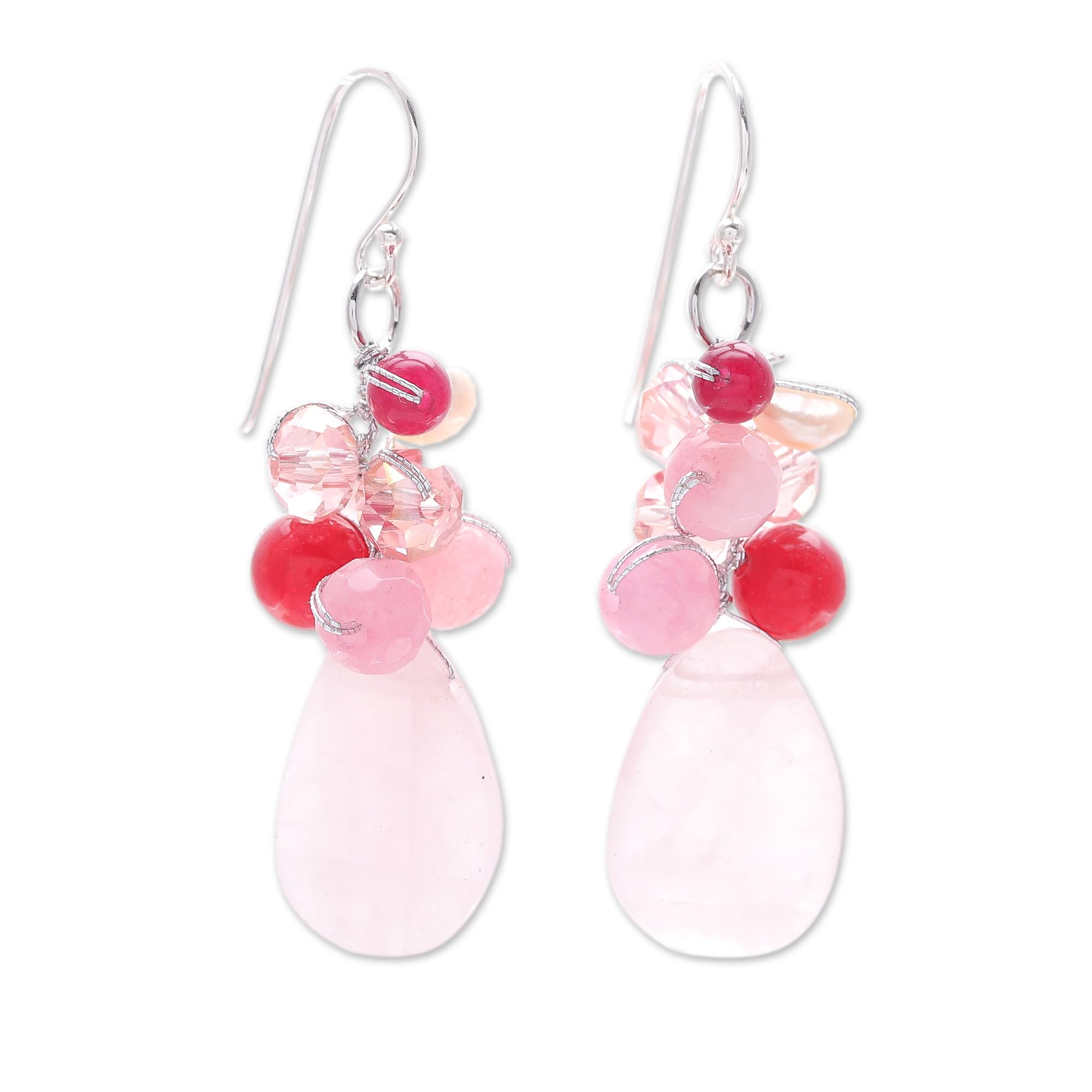 NOVICA Handmade Rose Quartz Earrings - Sterling Silver Plated Glass Bead Dangle Earrings with Pink Beaded Accents, 1.7 Inch Drop Length | Perfect for Valentine's Day Gifts, Birthday Jewelry & Boho Fashion Accessories