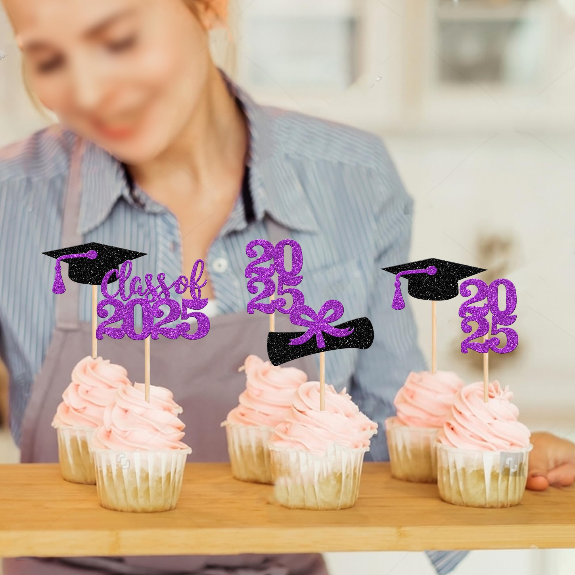 36 PCS 2025 Graduation Cupcake Toppers - Glitter Class of 2025 Diploma & Cap Cake Decorations - Purple Graduation Party Supplies for Graduation Cakes, Cupcakes & Desserts