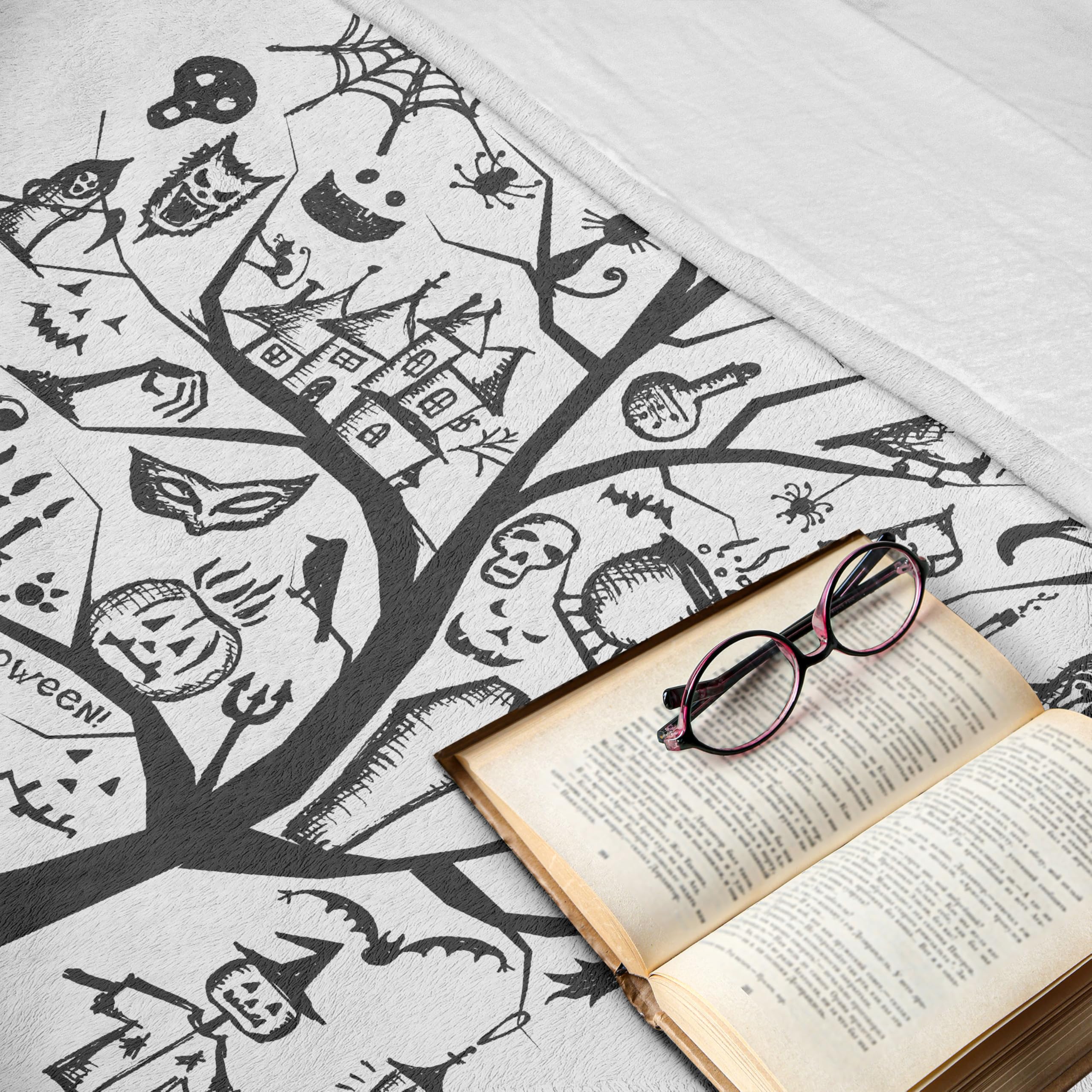 Ambesonne Halloween Throw Blanket - Spooky Tree & Witch Broom Design, Soft Flannel Fleece, 60