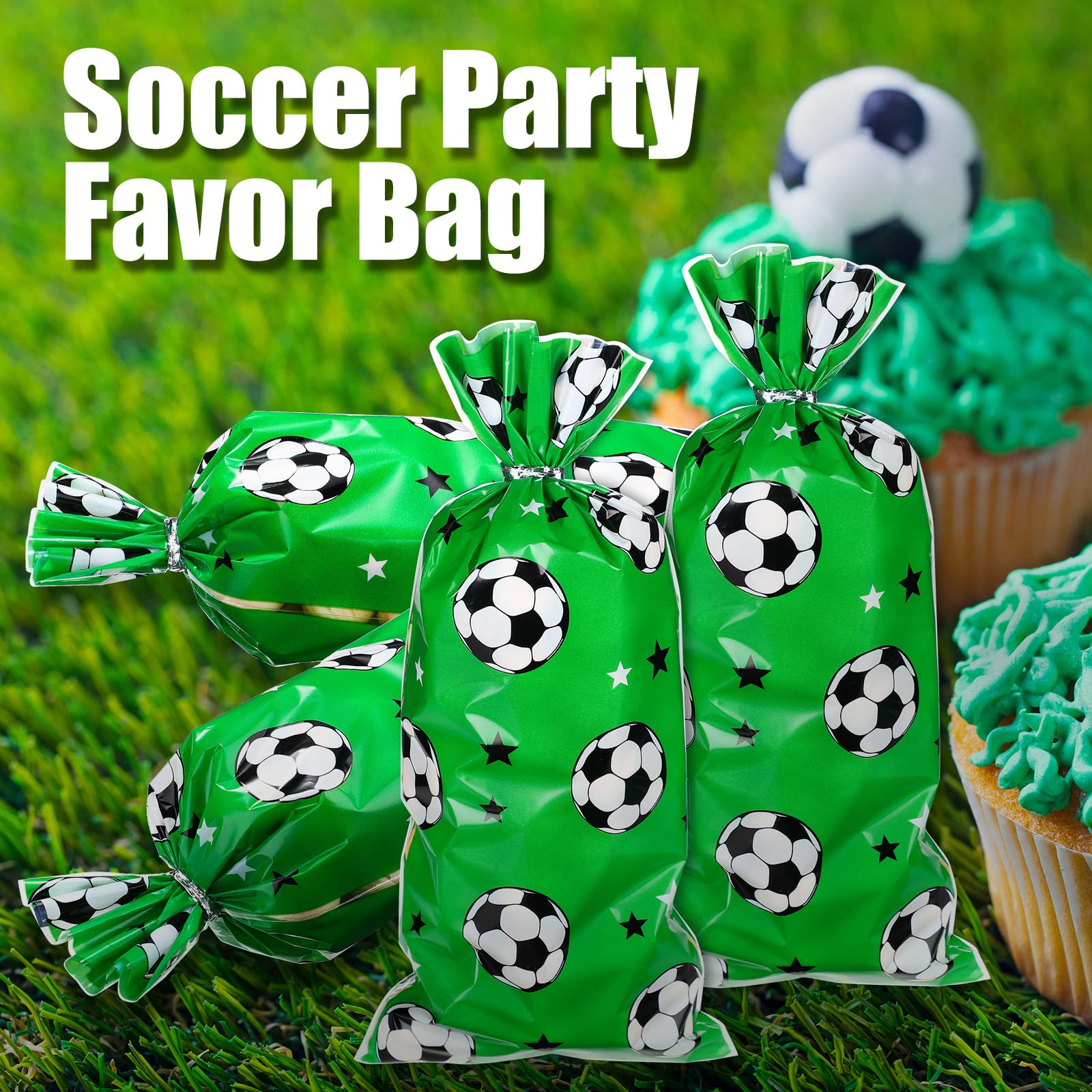 Blulu 100-Pack Green Soccer Treat Bags - Heat Sealable Football Cellophane Candy Favor Bags with Silver Twist Ties for Birthday Parties, Team Celebrations & Sports Events