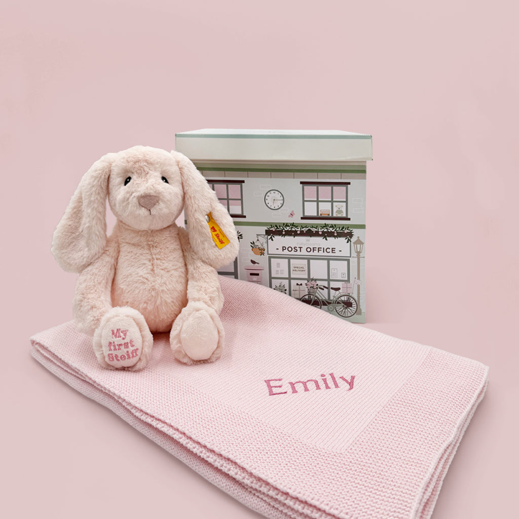 Steiff Personalized Pink Hoppie Rabbit with Knitted Blanket Gift Set - Perfect Baby Shower & First Birthday Present