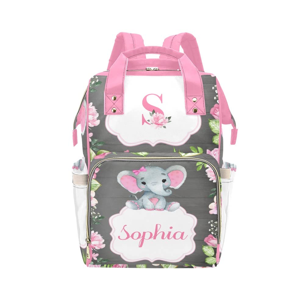 Personalized Elephant Flower Diaper Backpack - Custom Name Baby Bag for Women & Men, Large Capacity Multi-Function Travel Organizer (10.83