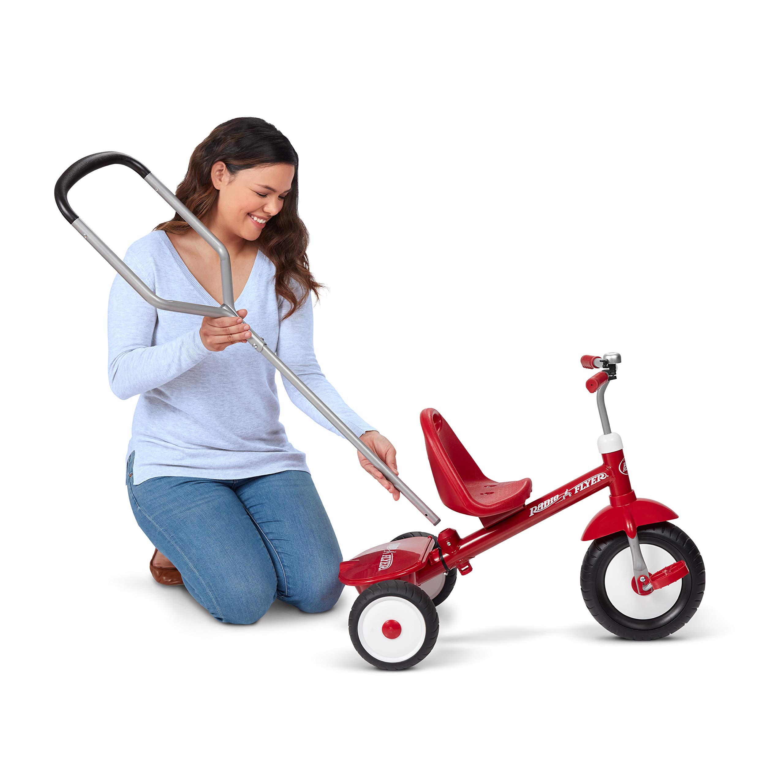 Radio Flyer Deluxe Steer & Stroll Kids Tricycle for Toddlers Age 2-5 | Adjustable Seat & Parent Push Handle | Red Ride-On Toy for Outdoor Play & Learning Balance | Perfect for Park Rides, Backyard Fun & Early Childhood Development