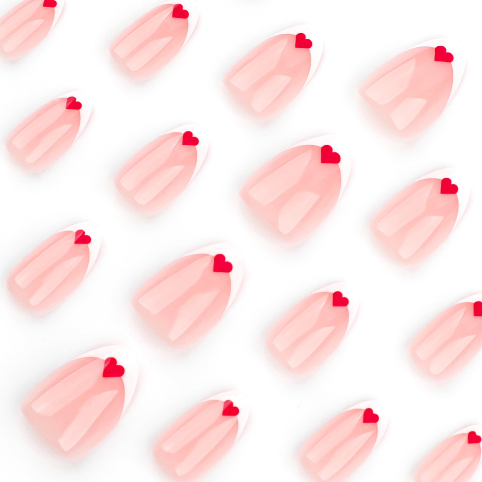 Valentine's Day Pink Press on Nails Short Almond Fake Nails with Heart Design & White French Tips - 24Pcs Glossy False Nails for Women - Perfect for Valentine's Dates, Parties & Special Occasions