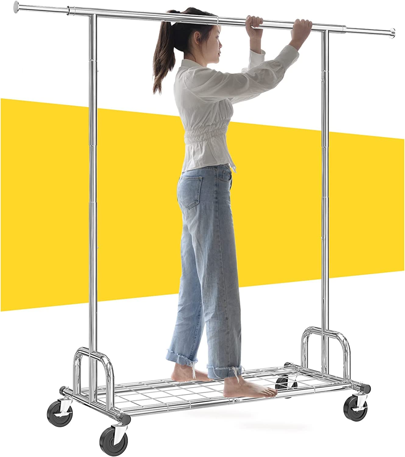 Raybee Heavy Duty Rolling Garment Rack - 450LB Capacity Commercial Clothing Rack with Wheels, Adjustable & Portable Metal Hanging Clothes Rack for Retail Stores, Boutiques, Home Closets & Laundry Rooms