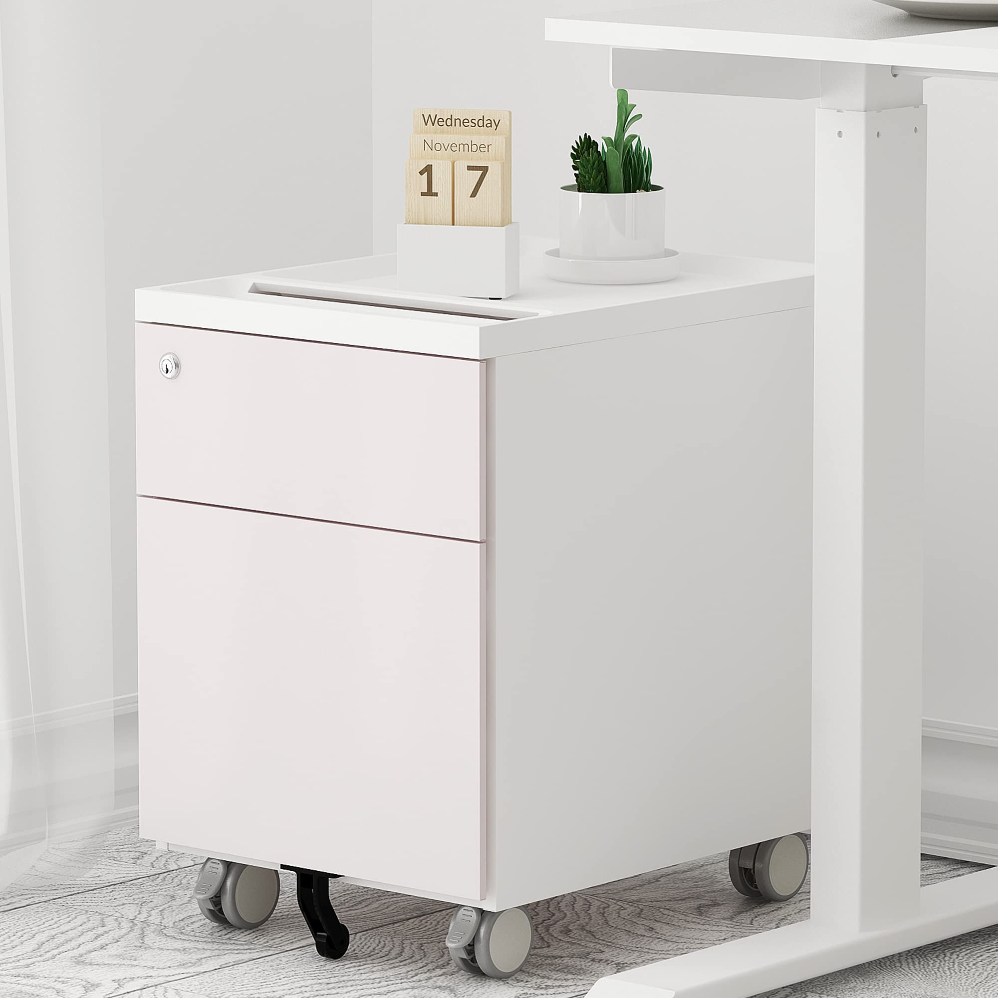 CuHome 2-Drawer Mobile Filing Cabinet with Lock & Wheels - Fully Assembled Vertical Metal File Cabinet for Home Office - Small Under Desk Storage Organizer in Light Pink - Perfect for Document Organization & Office Space Saving