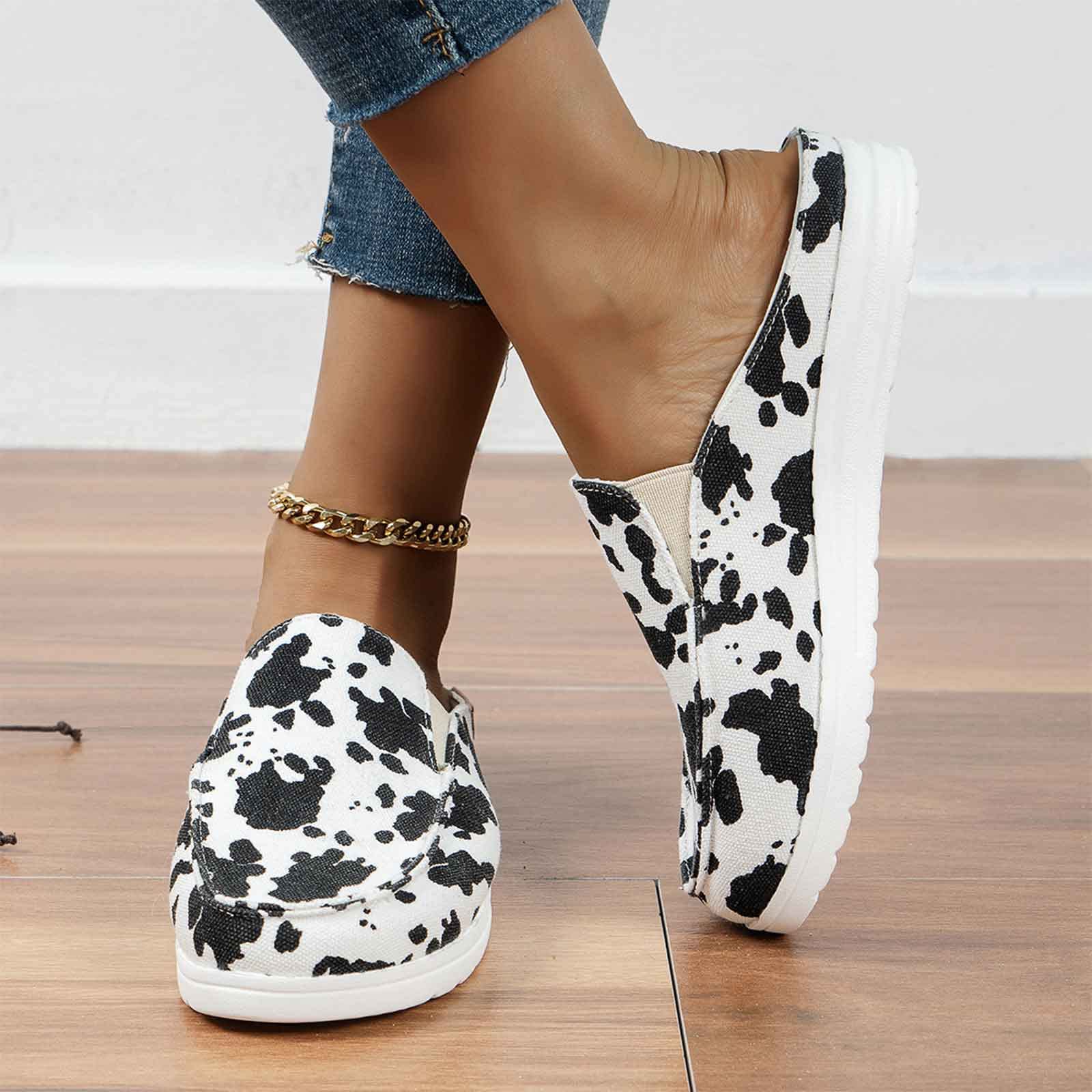 Women's Cow Print Canvas Sneakers - Comfortable Slip-On & Lace-Up Loafers for Casual Wear, Work & Outdoor Activities