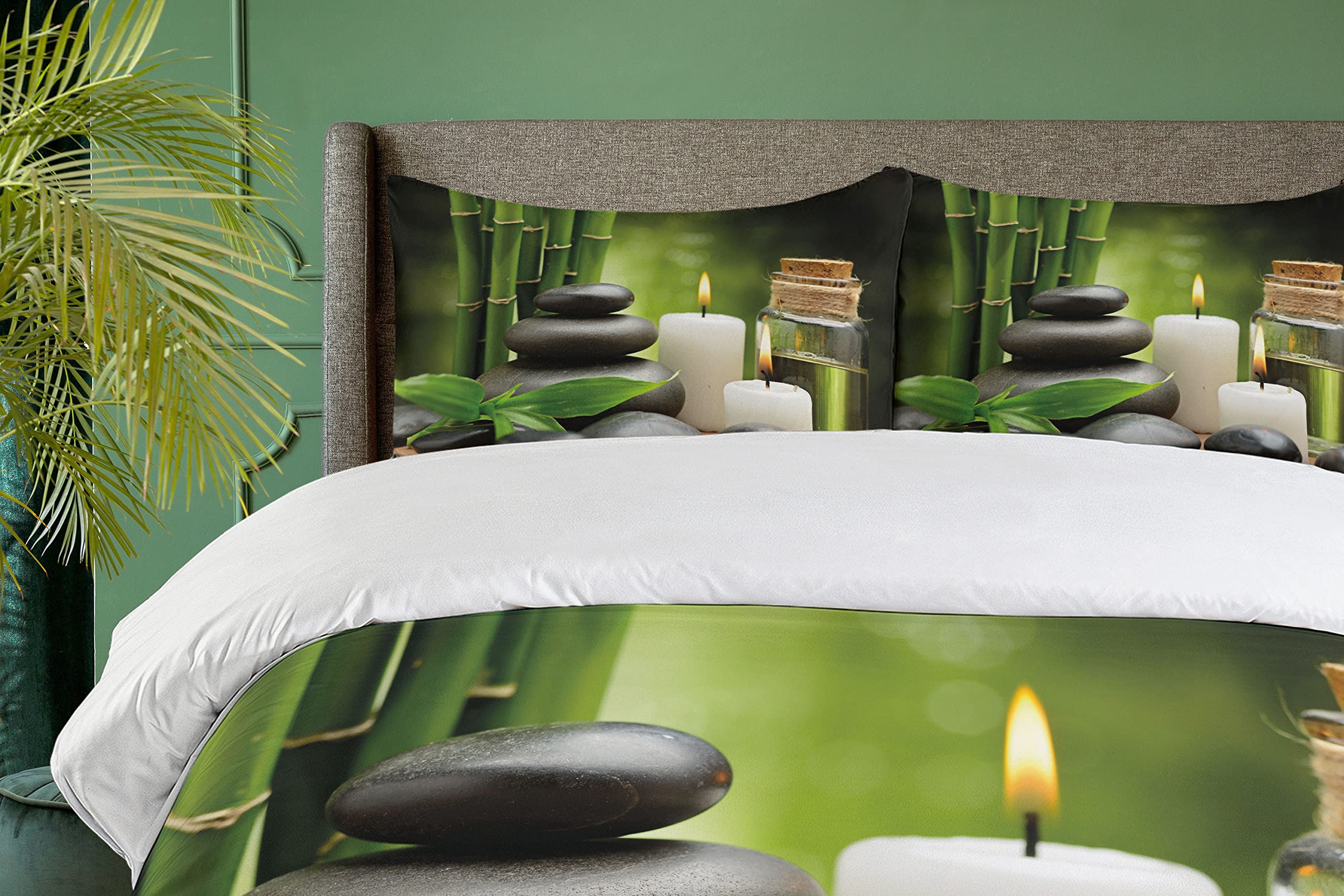 Ambesonne Spa Themed Duvet Cover Set - Exotic Rocks, Candles & Tropical Trees Print on Blurry Background, 3-Piece Bedding Set with 2 Pillow Shams, California King Size, White Black Green | Perfect for Relaxing Bedroom Decor, Spa Retreats & Tropical Vacation Vibes
