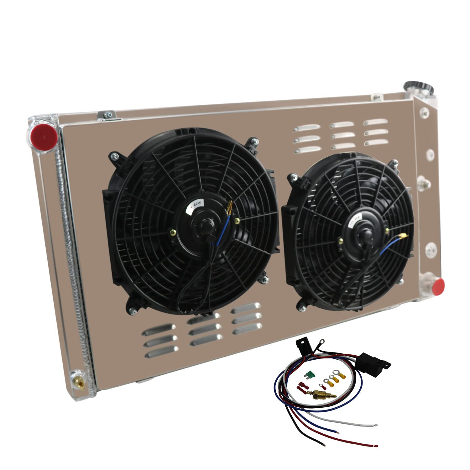 High Performance 3 Row Aluminum Radiator for 1971-1990 Chevy Chevelle Impala C/K/G Series (C10 C20 C30 K10 K20 K30 G10 G20 G30) & GMC/Buick Pontiac - Includes Fan Shroud & Relay - Perfect for Pickup Trucks and Surburban SUVs - Heavy Duty Cooling Solution for Hot Weather & Towing