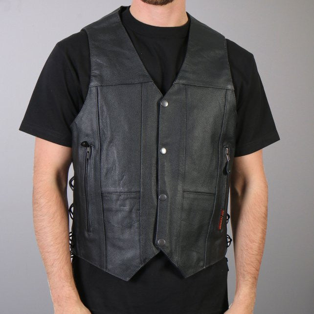 Hot Leathers Men's 10 Pocket Leather Vest with Side Laces - Biker Jacket for Motorcycle Riding, Outdoor Adventure & Casual Wear