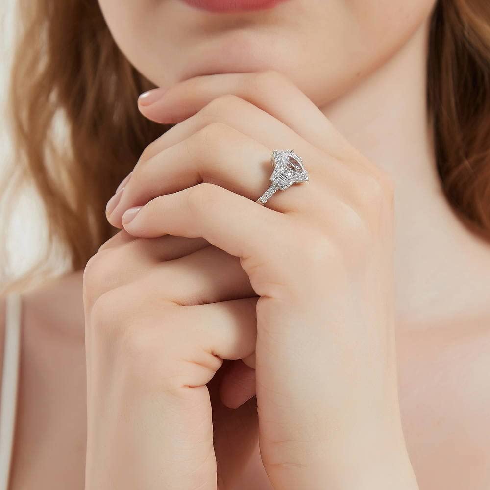BERRICLE Sterling Silver 3-Stone Wedding Engagement Ring - 1 Carat Marquise Cut Cubic Zirconia CZ Halo Ring for Women - Rhodium Plated Size 4-10 - Perfect for Proposals, Anniversaries & Special Occasions