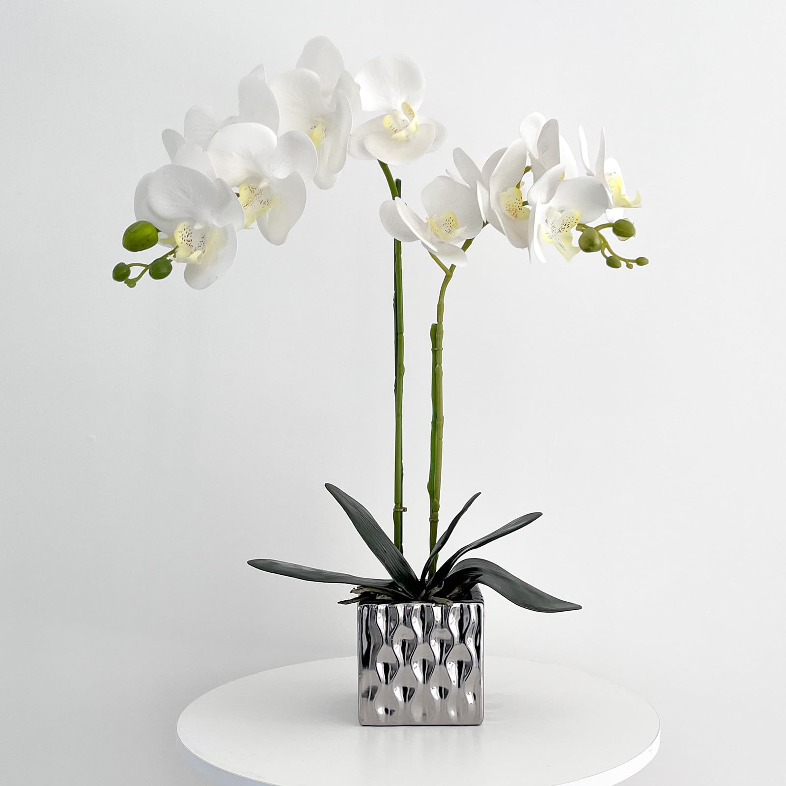 Artificial Orchids in Silver Vases - Elegant Fake Flower Arrangement for Home Decor (White) | Perfect for Living Room, Wedding Centerpiece & Office Decoration
