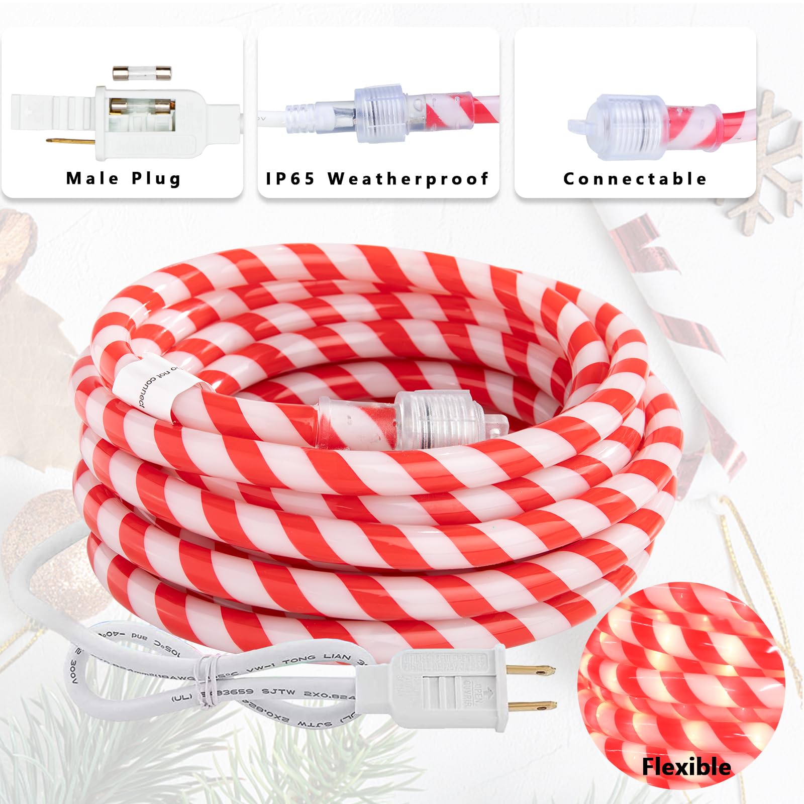 30FT LED Christmas Candy Cane Rope Lights - IP65 Waterproof Connectable Fairy Tube Lights for Outdoor, Patio, Garden, Christmas Tree & Holiday Decorations | Perfect for Xmas Party, Winter Wedding, and Festive Home Decoration