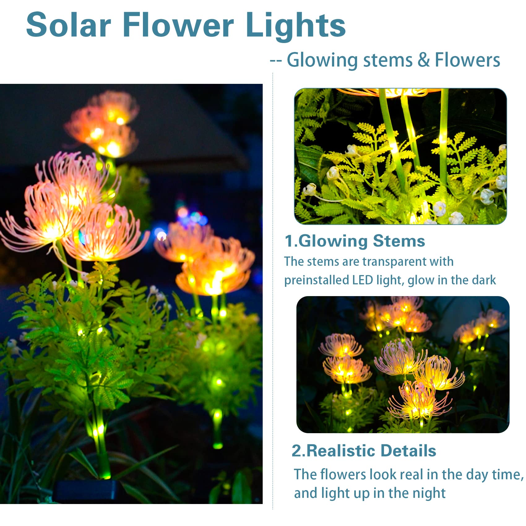 Solar Powered Garden Lights - 2 Pack Waterproof Outdoor Solar Flower Lights with Glowing Petals & Stems, Upgraded Solar Panel for Yard, Pathway, Patio Decoration - Perfect Mother's Day Gift & Garden Decor Accessories