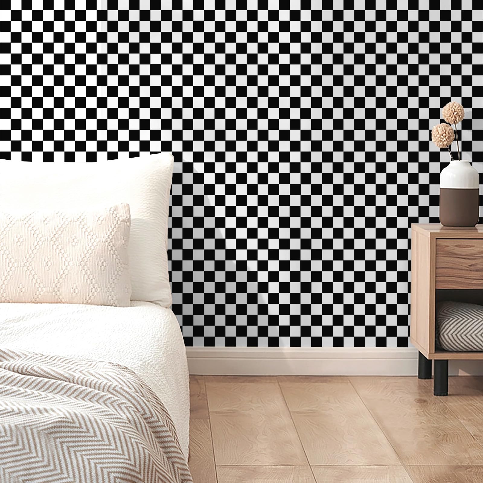 Amiya Black and White Checkered Peel and Stick Wallpaper - 17.3”x80” Self-Adhesive Vinyl Contact Paper for Shelf Liner, Cabinets, Furniture, Bedroom & Living Room Decor - Easy Removable Modern Checkerboard Mosaic Pattern for Home Renovation and DIY Projects