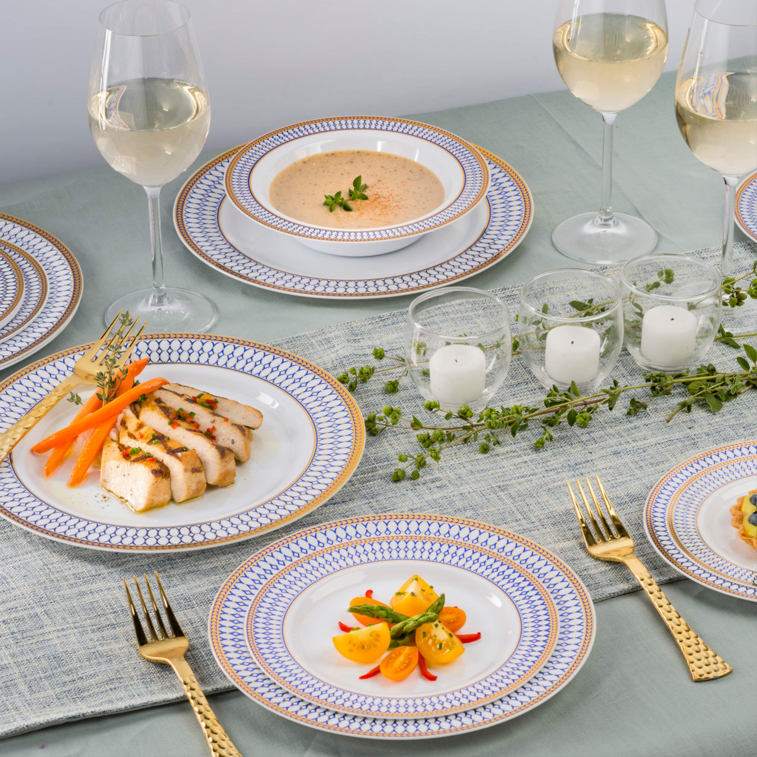 Laura Stein Elegant Disposable Plastic Dinnerware Set - 32 Piece White Wedding Bowls with Blue Rim & Gold Accents (16x12oz Soup Bowls + 16x5oz Dessert Bowls) | Perfect for Parties, Weddings, Catering & Special Events | Midnight Blue Collection
