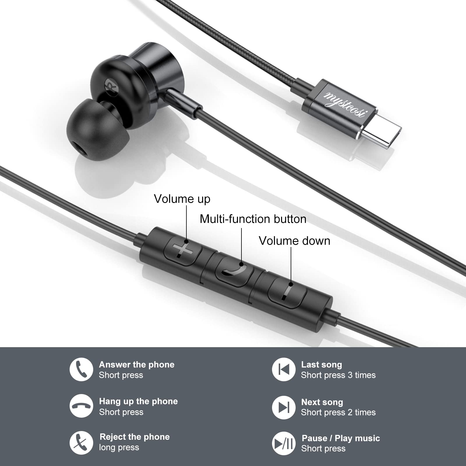 USB-C Wired Headphones with Microphone - Noise Cancelling Magnetic Earbuds for Laptop, PC, iPad Pro, MacBook & Samsung - Perfect for Work, Gaming & Online Meetings (Black)