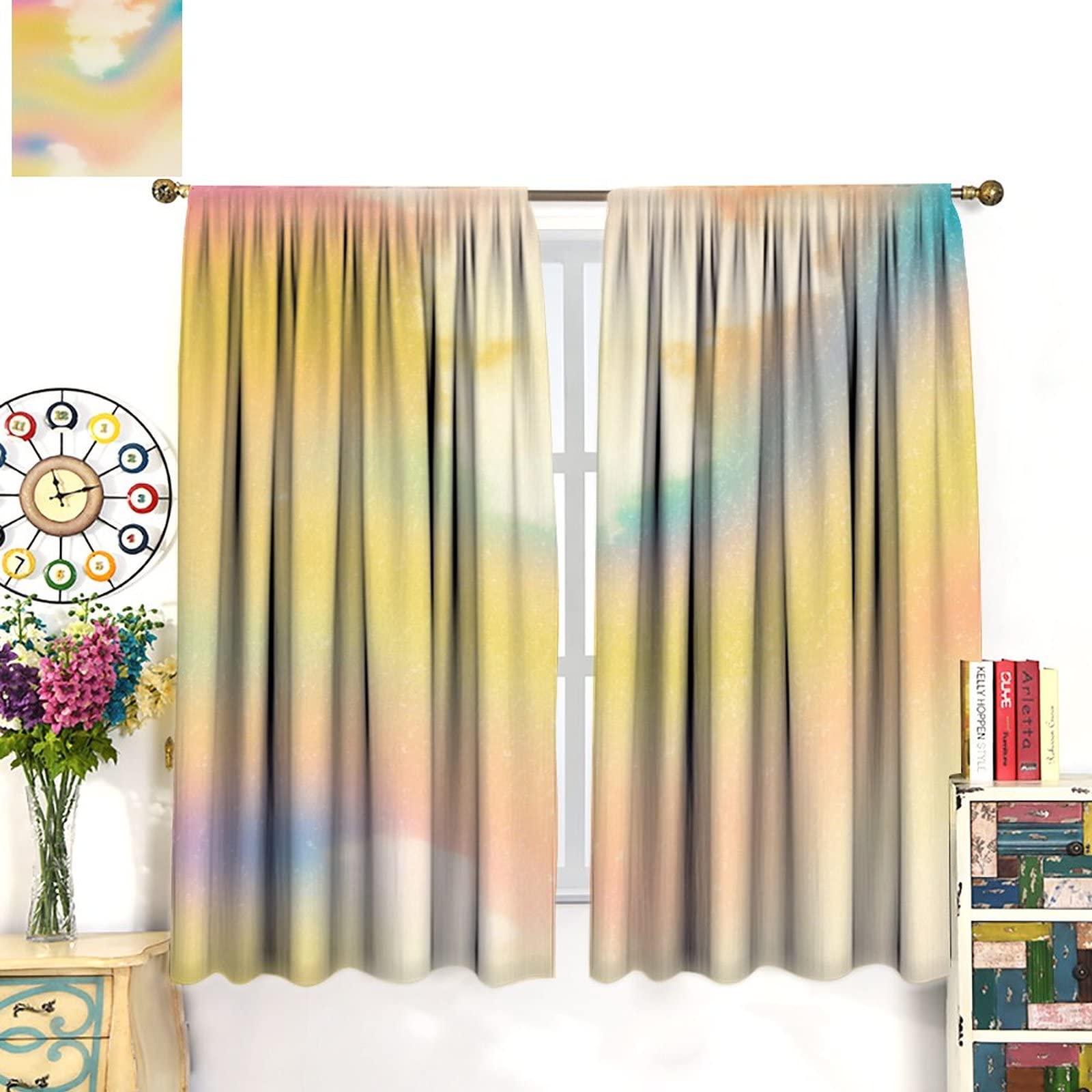 Rainbow Curtains - Pastel Yellow Aesthetic Abstract Cloud Design for Kitchen, Bedroom, Living Room & Dorm - 42x63 Inch Window Treatment - Perfect for Boho Decor & Cozy Home Atmosphere