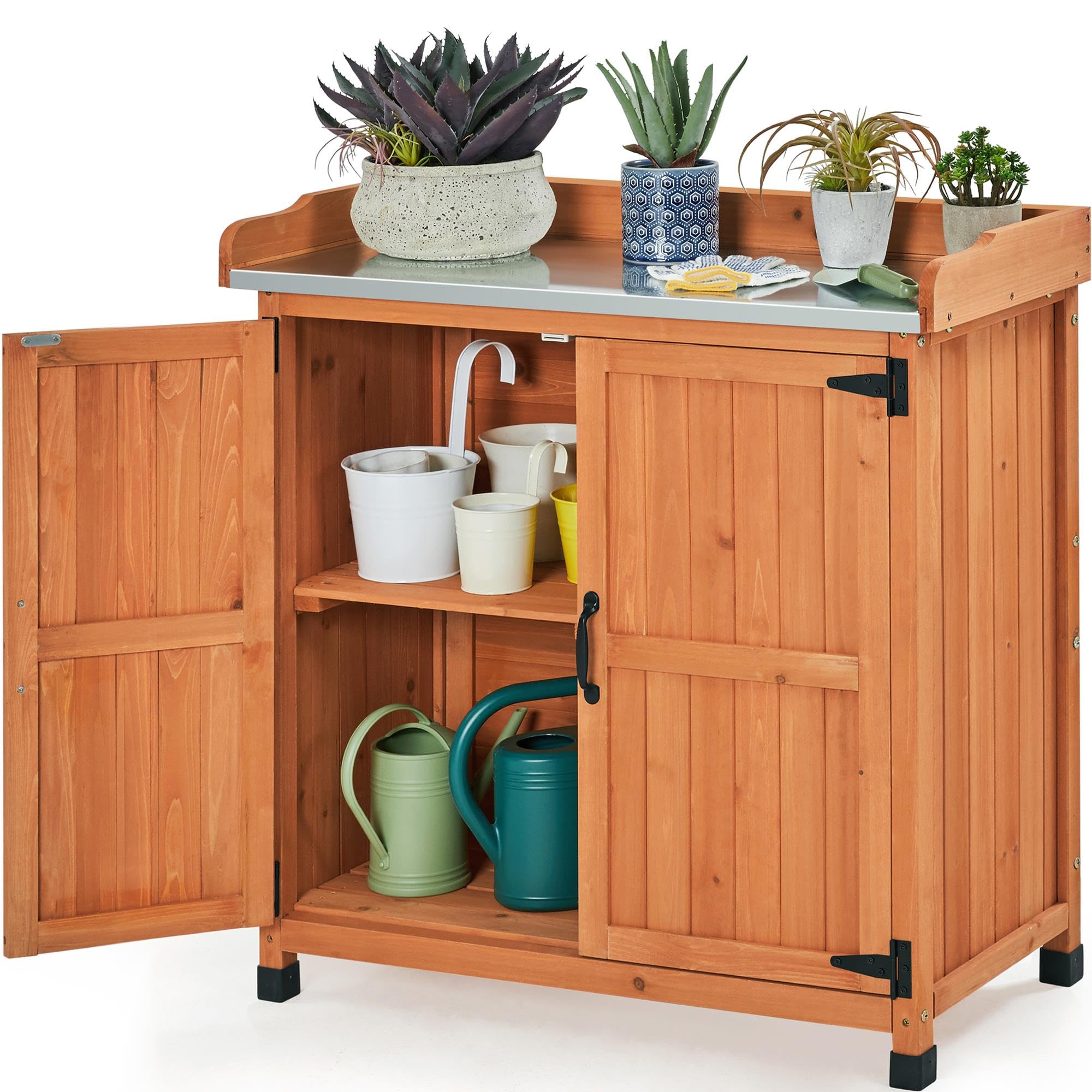 Yaheetech Outdoor Garden Potting Bench - Solid Wood Planting Work Table with Storage Cabinet & Metal-Plated Tabletop for Patio, Gardening, and DIY Projects - Perfect for Organizing Tools, Pots, and Supplies in Your Backyard or Greenhouse