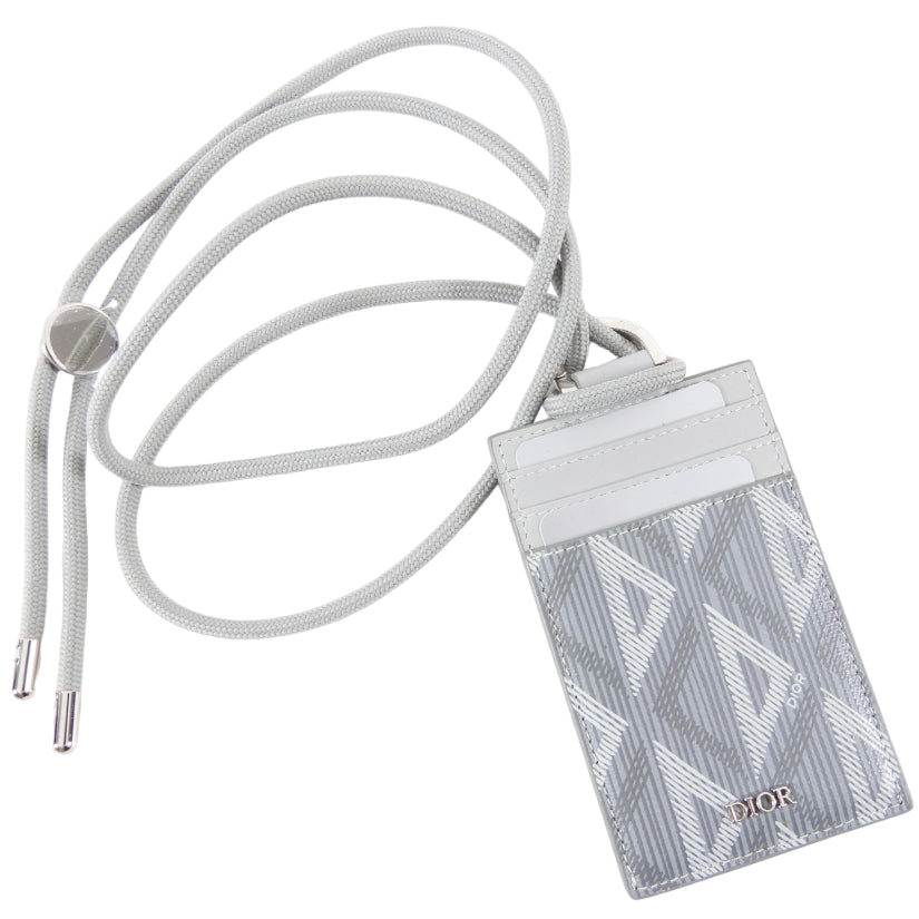 Dior CD Diamond Print Grey Coated Canvas Card Holder with Lanyard - Stylish Wallet for Everyday Use, Travel & Events