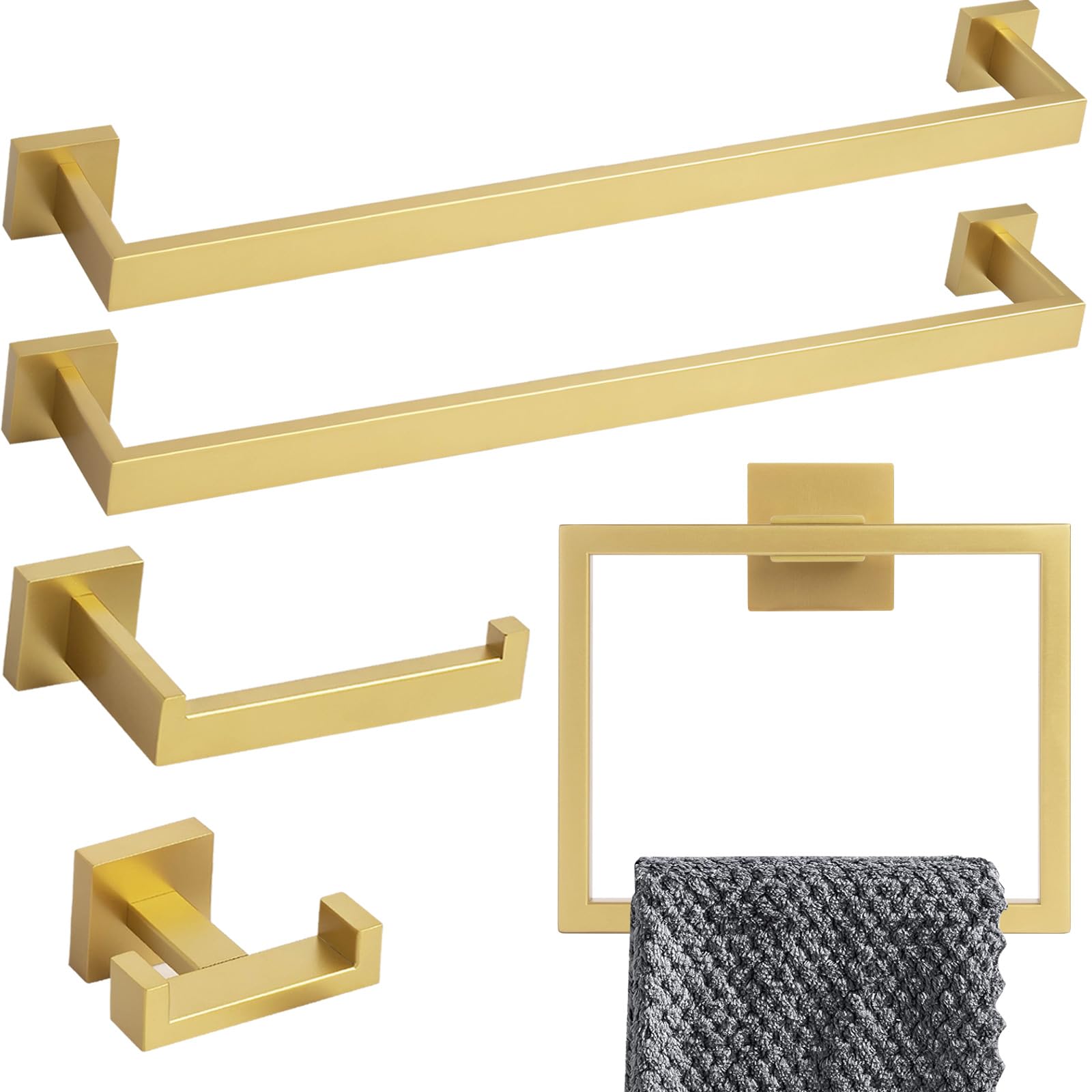 Premium Brushed Gold Towel Bar Set - 5-Piece Bathroom Hardware Kit with Wall Mounted Stainless Steel Towel Rack & Holder (23.6 Inch) - Elegant Bathroom Accessories for Modern Homes & Luxury Hotels