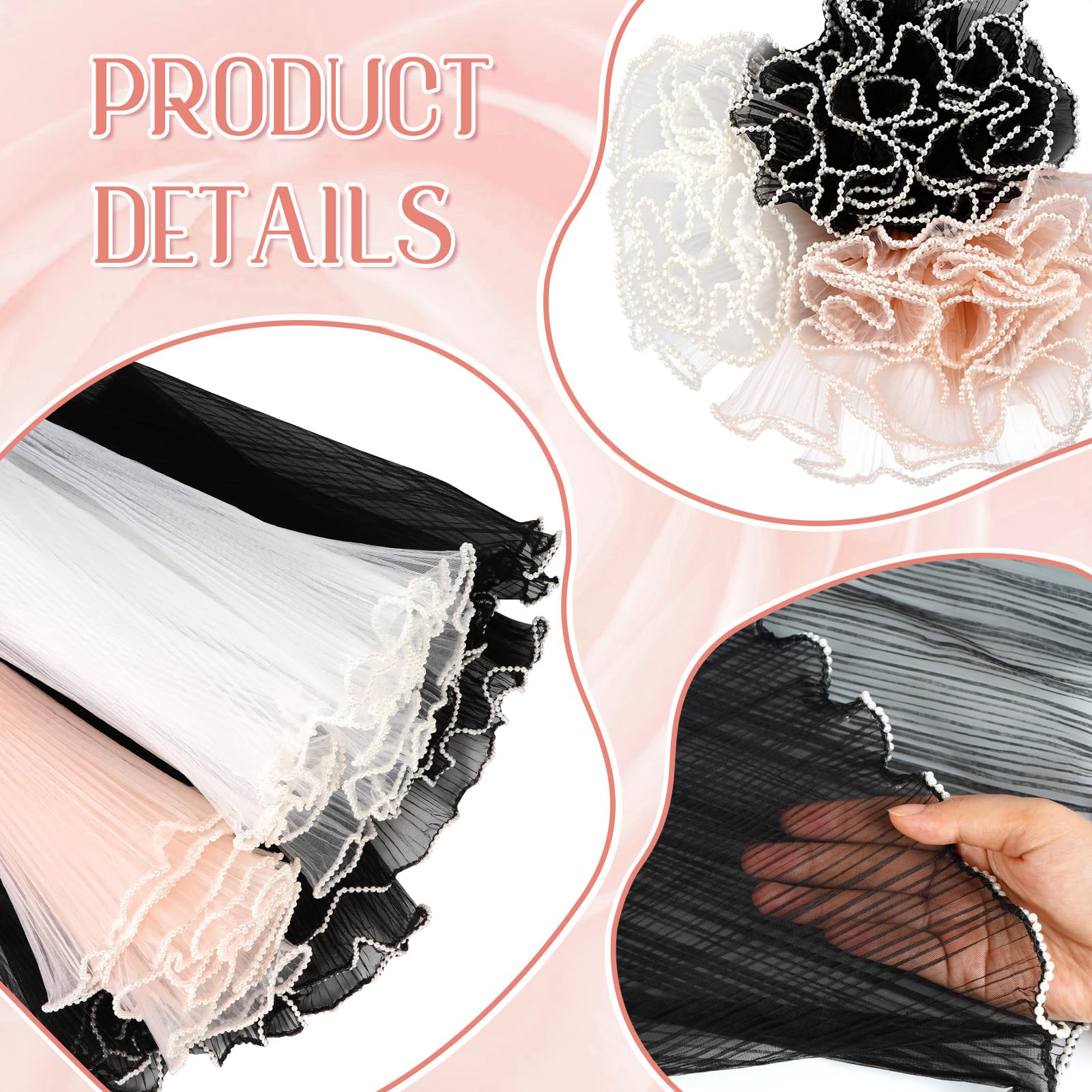3 Pack Pearl Edge Bouquet Wrapping Paper - Korean Floral Mesh Net with Wrinkle Wave Design for Wedding, Anniversary & Birthday Flowers (White, Pink, Black) 4.37 Yards - Perfect for DIY Floral Arrangements, Gift Wrapping & Event Decorations