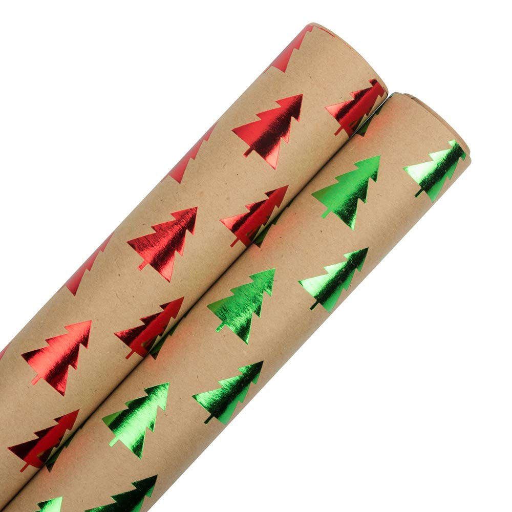 JAM PAPER Assorted Kraft Gift Wrap - 50 Sq Ft Red & Green Trees Wrapping Paper - 2 Rolls/Pack - Perfect for Christmas Presents, Holiday Gifts & Birthday Party Decorations