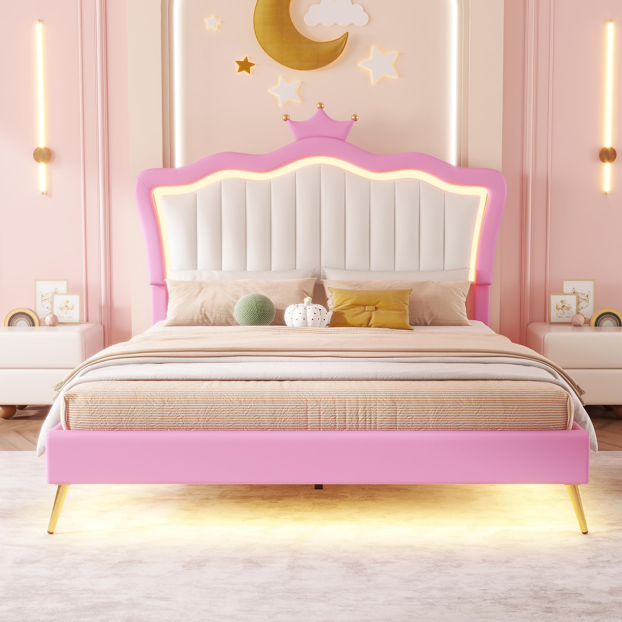 Linique Full Size Upholstered Bed Frame with LED Lights - Modern Princess Bed with Crown Headboard in Pink & White - Perfect for Girls' Bedroom, Teen Room Decor & Luxury Bedroom Makeover