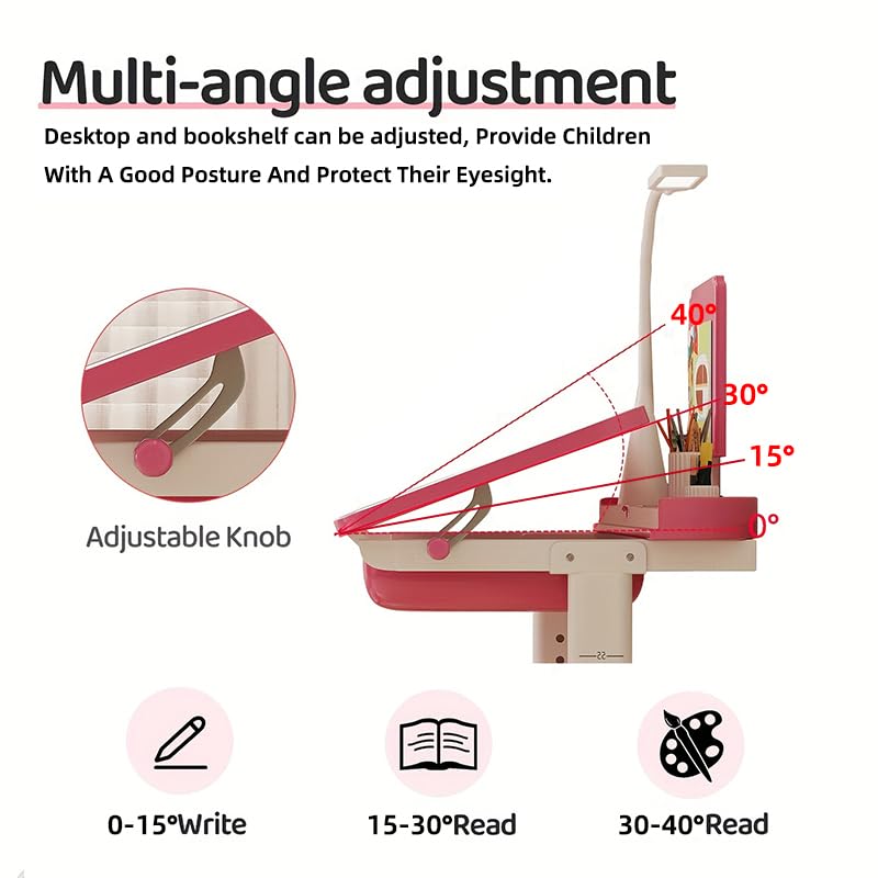 Adjustable Kids Desk and Chair Set with LED Light & Storage Drawer - Ergonomic Study Desk for Children, Tiltable Desktop for Drawing, Reading & Homework - Perfect for Bedroom, Homeschooling & Playroom (Pink)