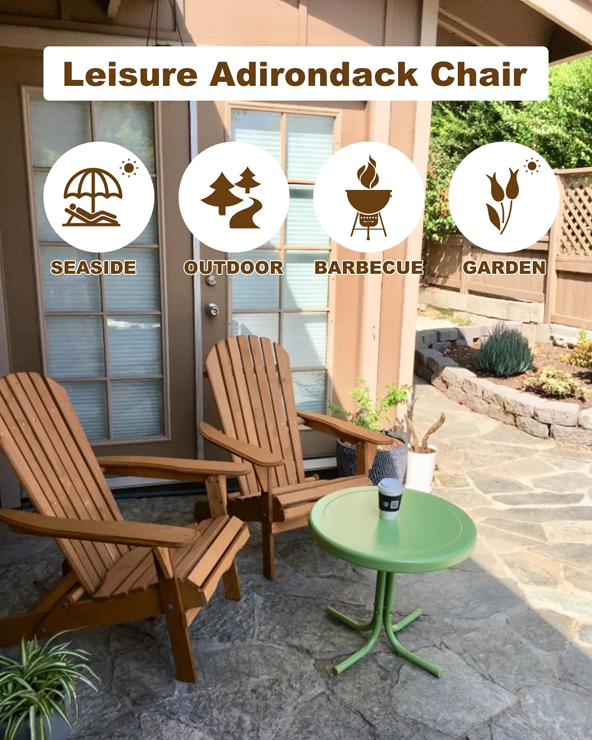 Premium Folding Wooden Adirondack Chair - Natural Finish Outdoor Patio Furniture for Garden, Lawn, Deck & Poolside Relaxation | Comfortable Lounger Accent Chair for Backyard, Beach & Camping